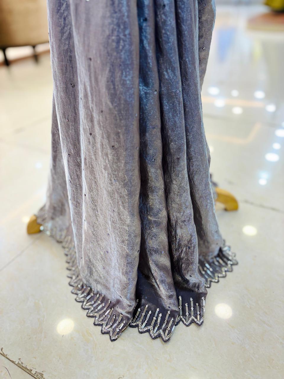 Grey Satin Tissue Cutdana Work Saree