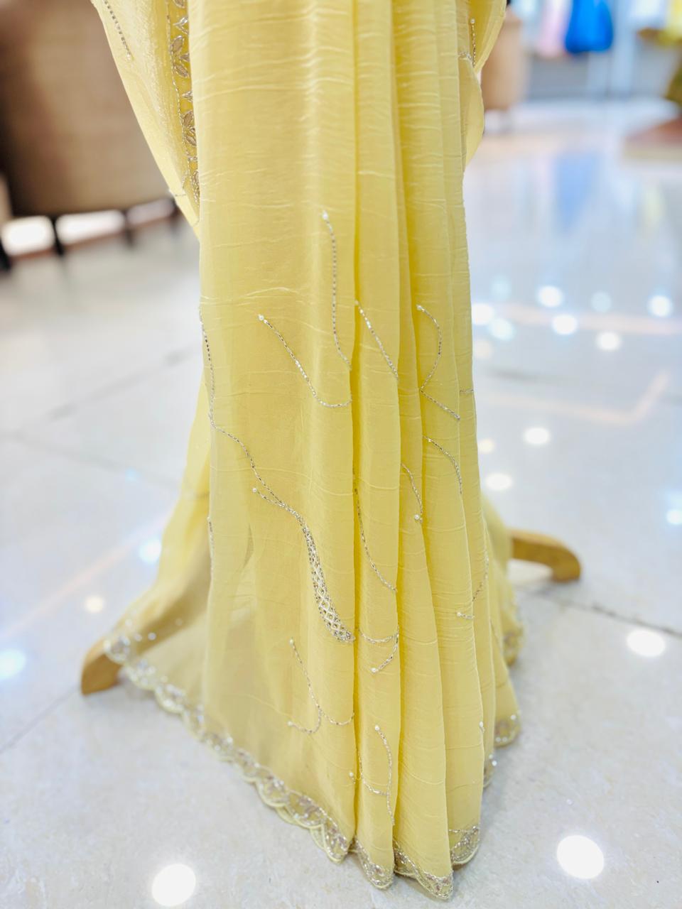 Yellow Crushed Tissue Organza Pearl Work Saree