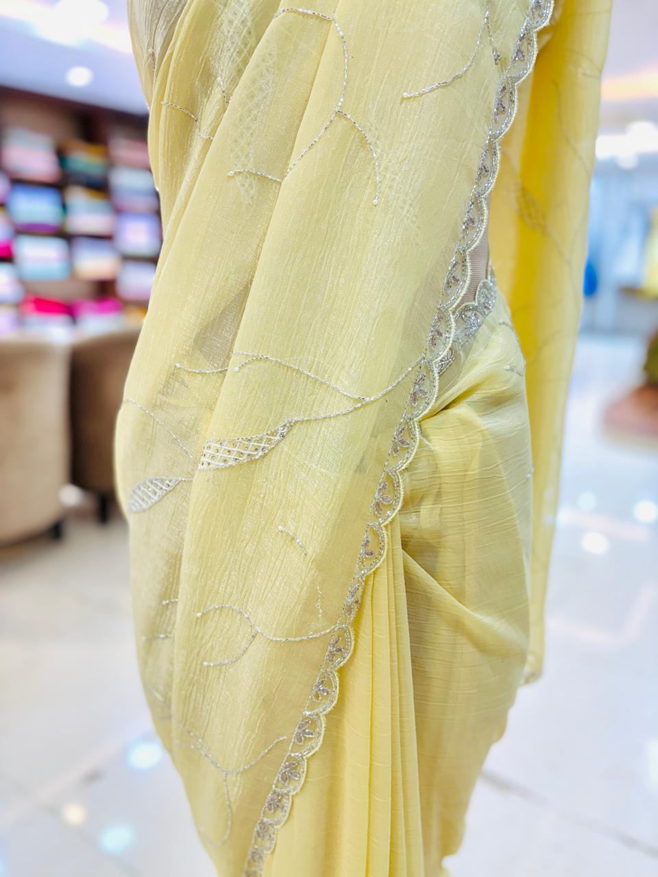 Yellow Crushed Tissue Organza Pearl Work Saree