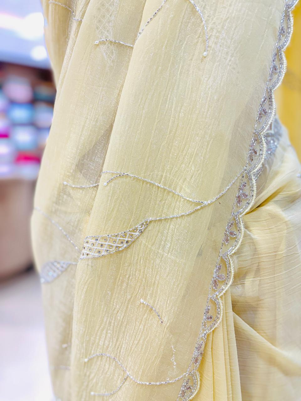 Yellow Crushed Tissue Organza Pearl Work Saree