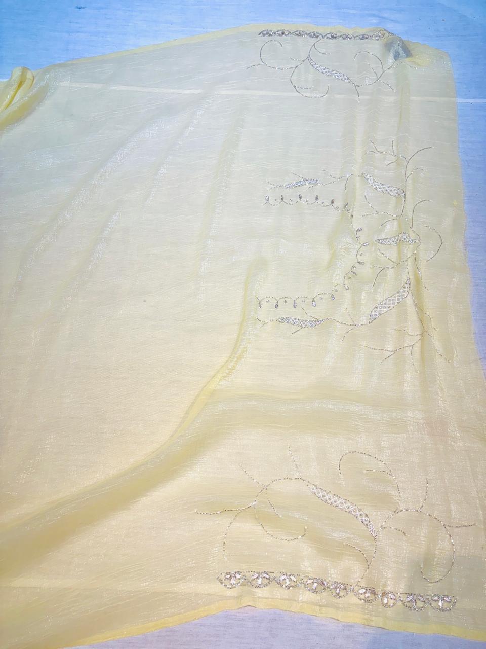 Yellow Crushed Tissue Organza Pearl Work Saree