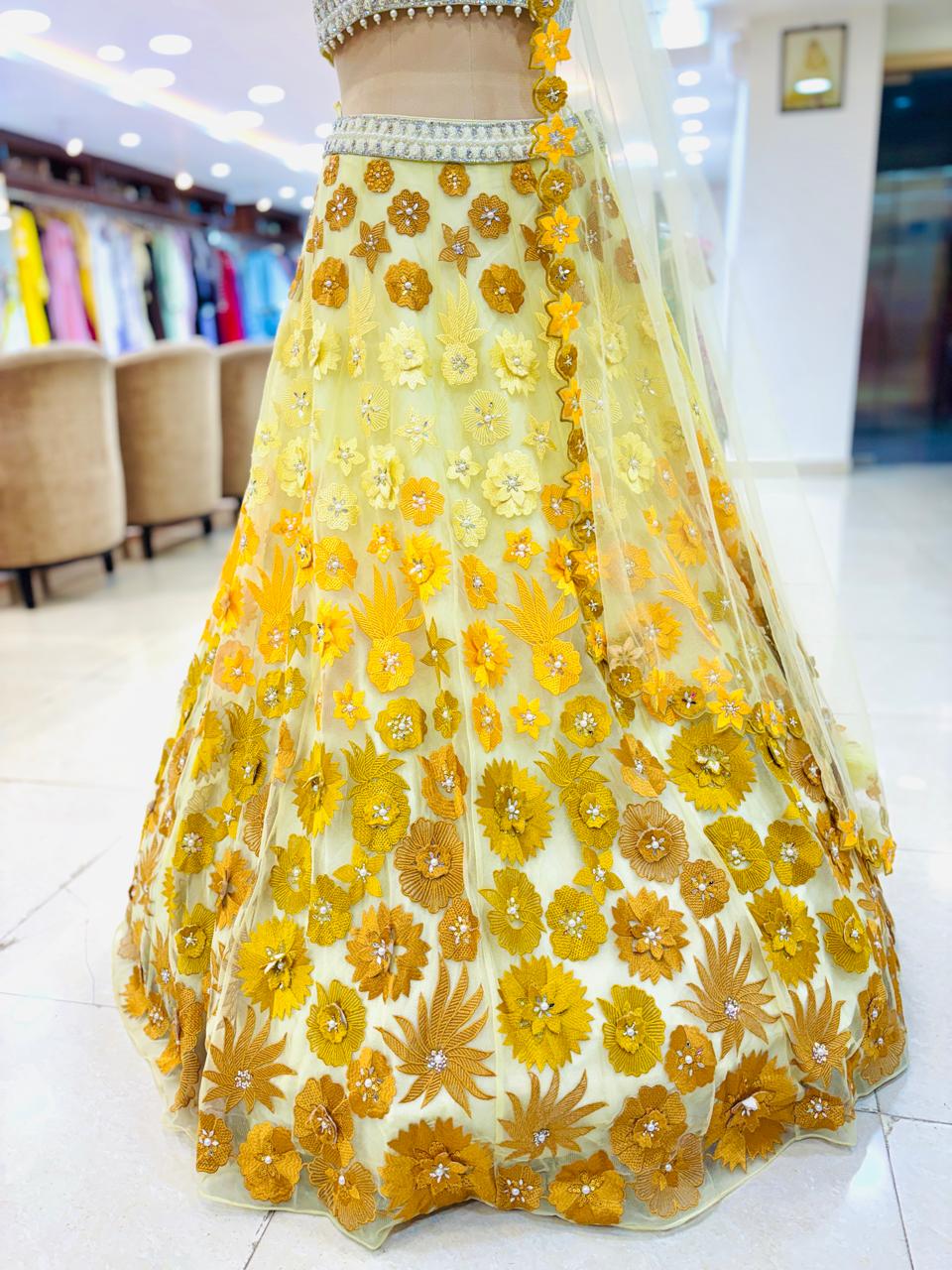 Yellow Floral 3D Embroidered Readymade Lehenga