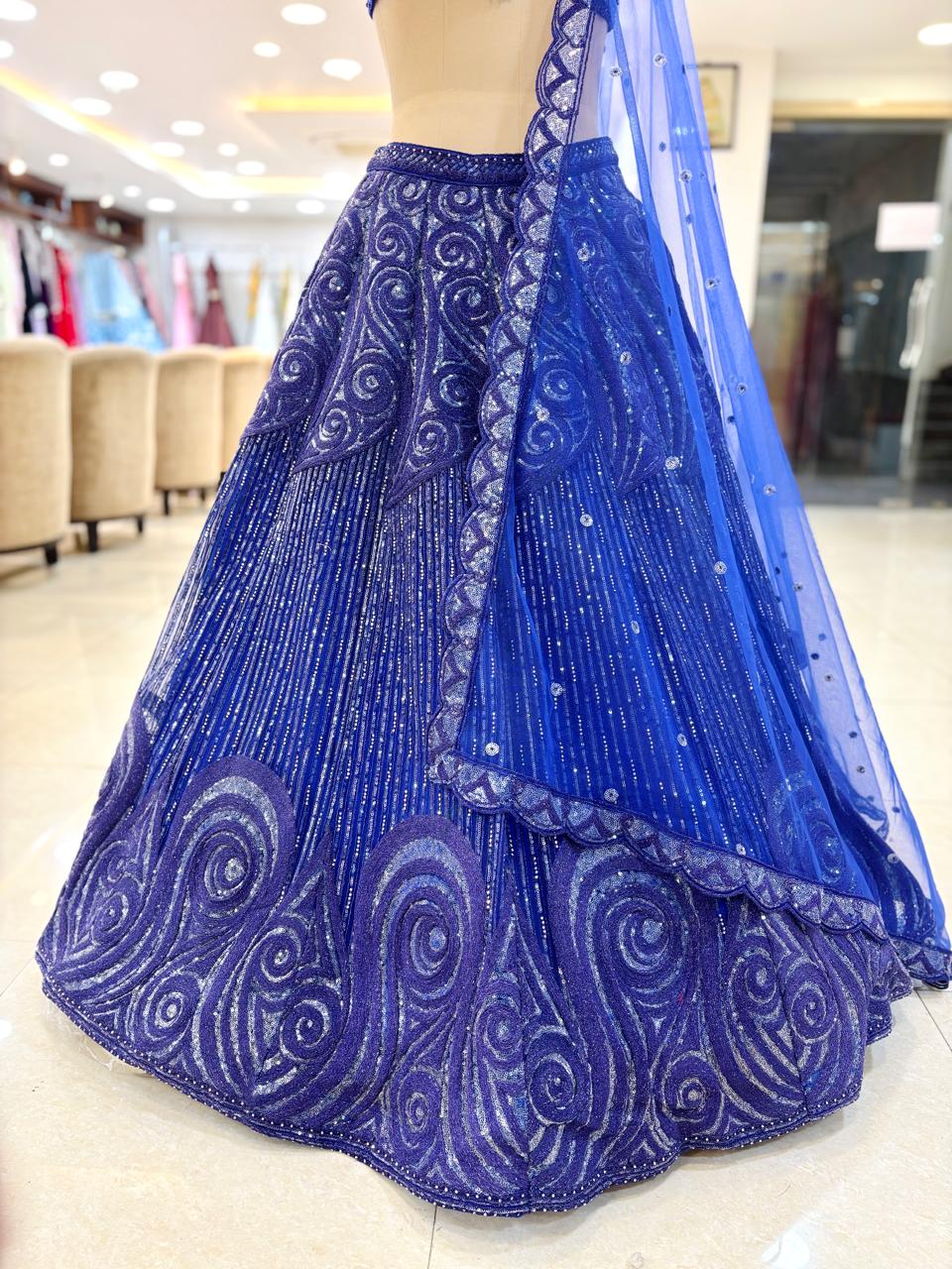 Dark Blue Net Sequinned Readymade Lehenga