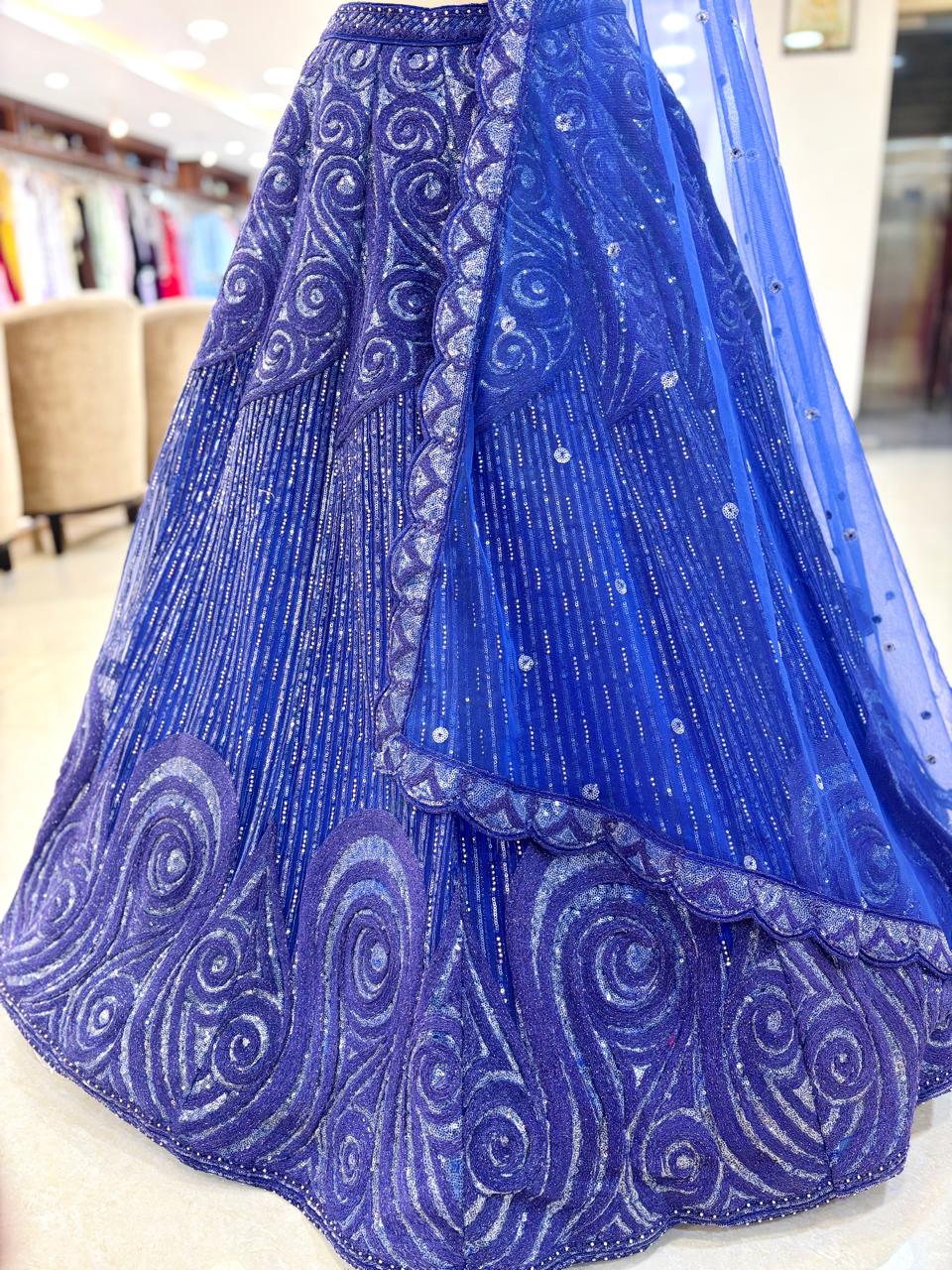 Dark Blue Net Sequinned Readymade Lehenga