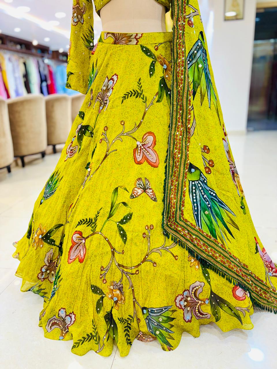 Yellow Georgette Floral Digital Print Readymade Lehenga