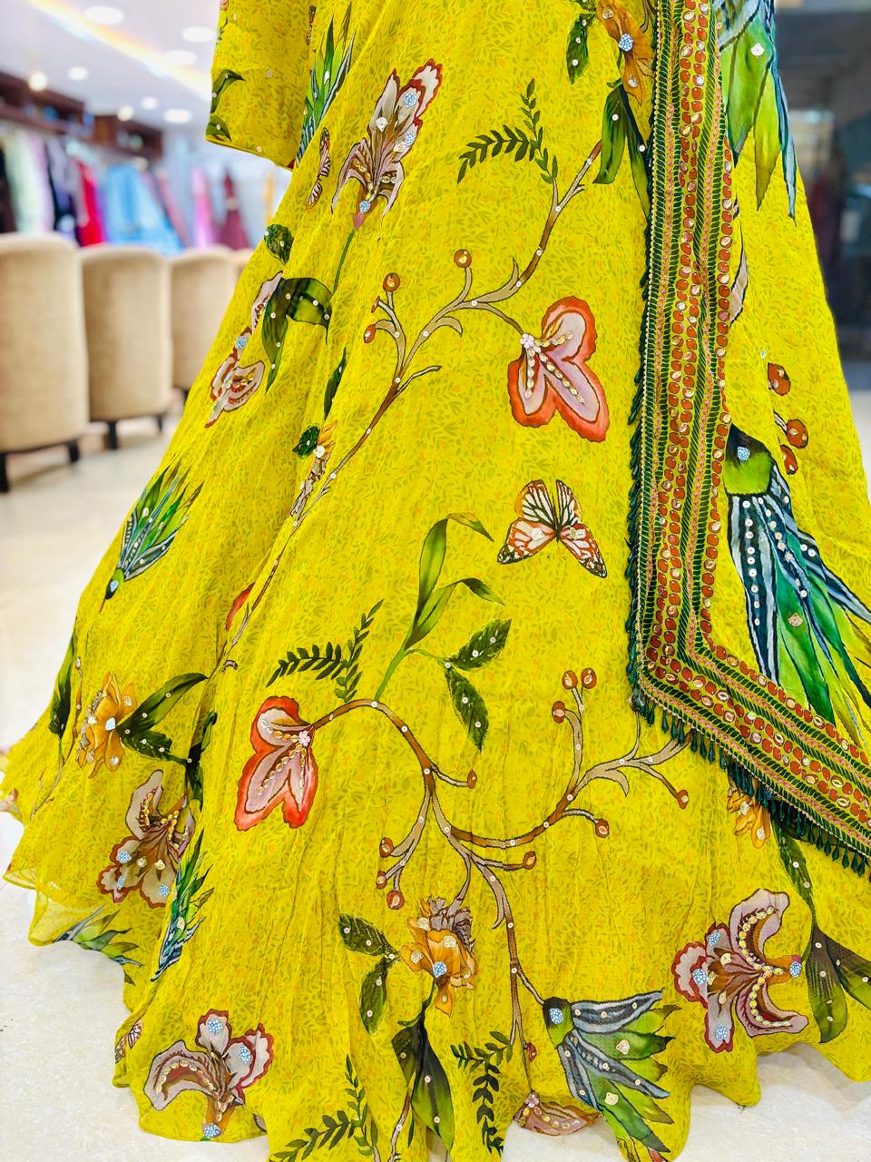 Yellow Georgette Floral Digital Print Readymade Lehenga