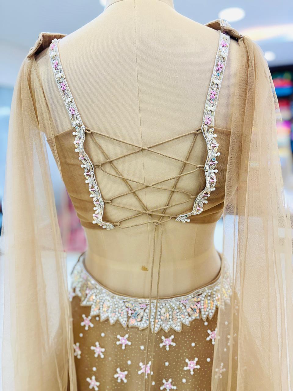 Light Brown Net Readymade Designer Lehenga