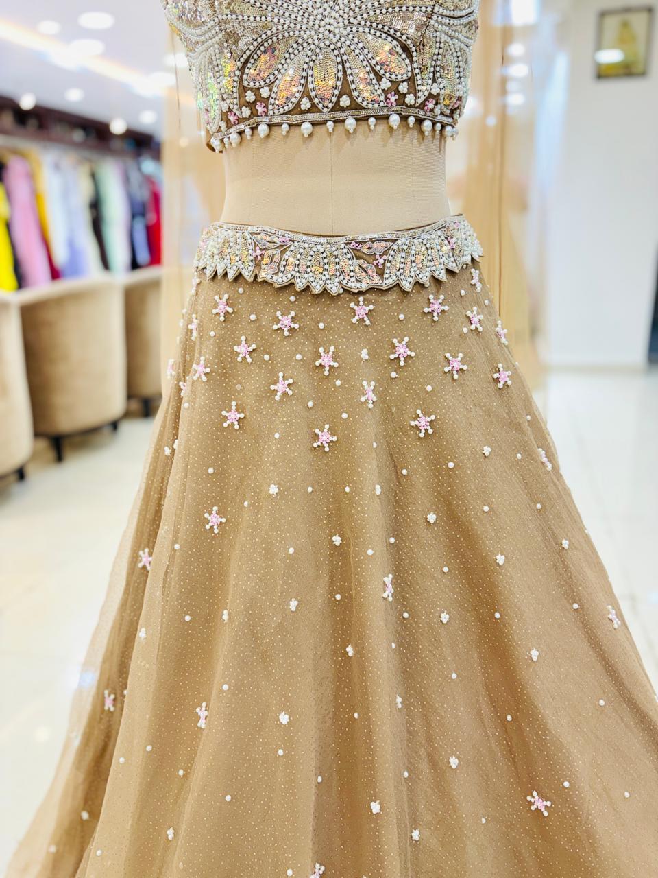 Light Brown Net Readymade Designer Lehenga