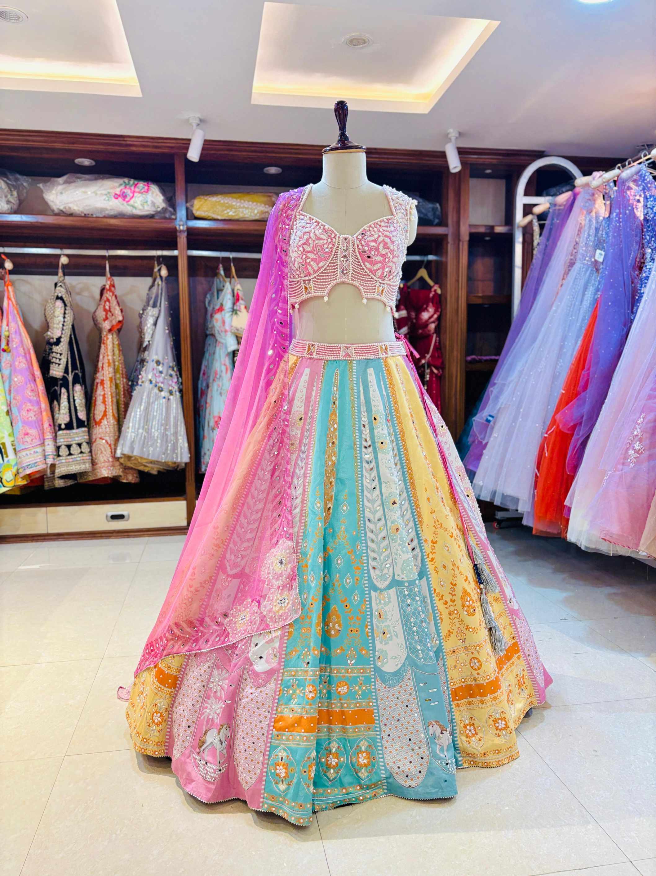 Multicolor Printed Silk Designer Lehenga