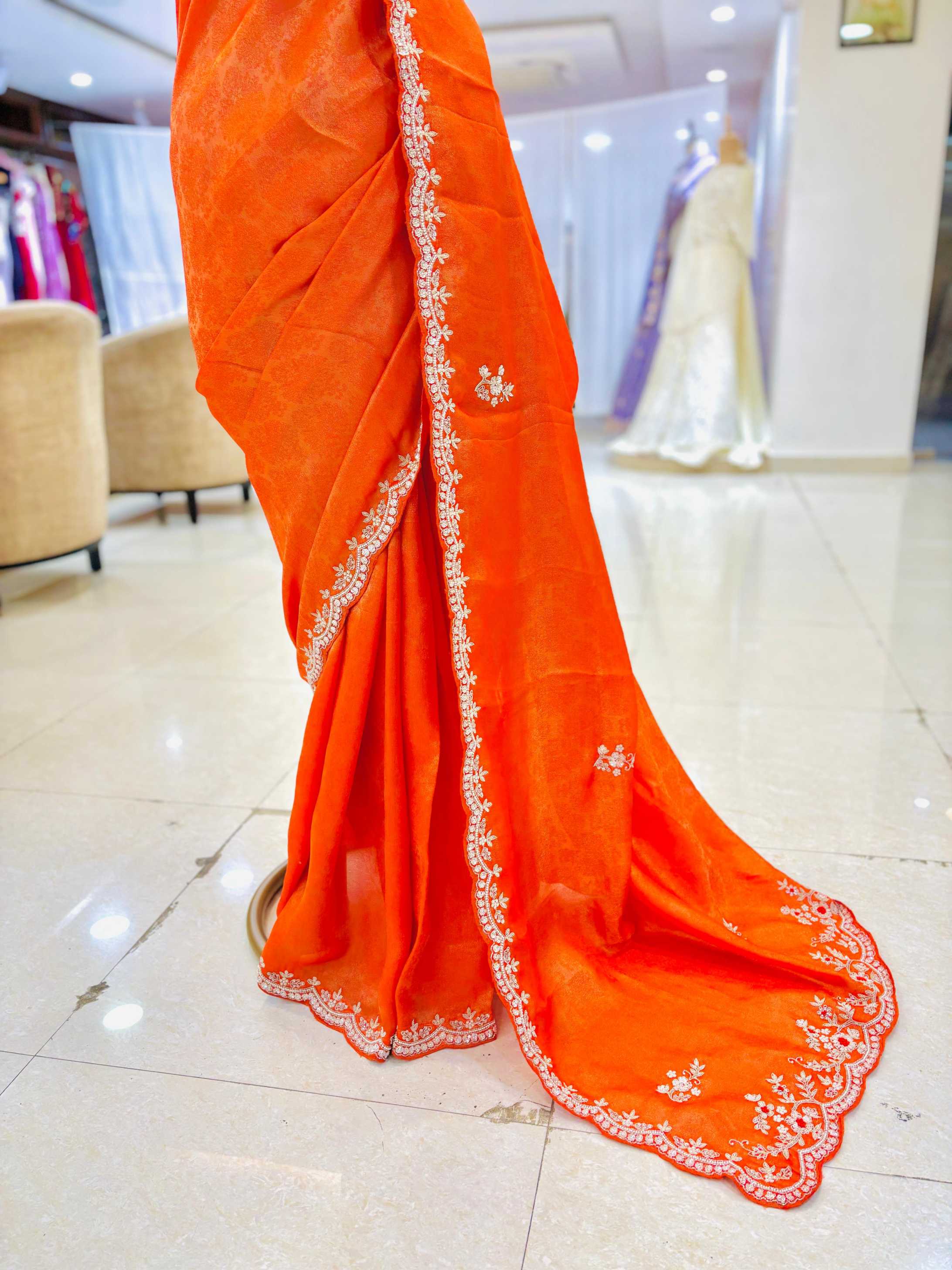 Orange Silk Hand Work Designer Saree