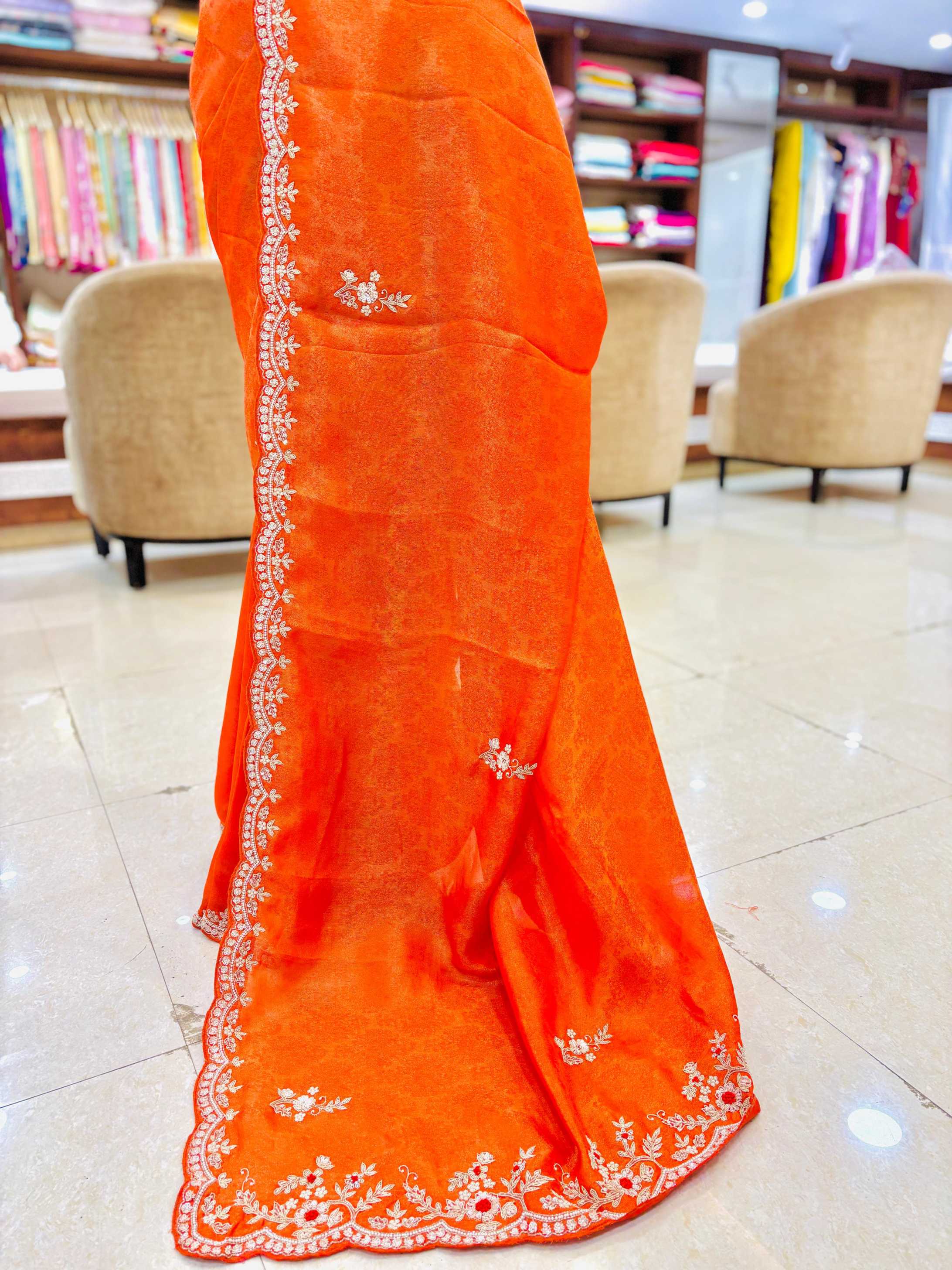 Orange Silk Hand Work Designer Saree