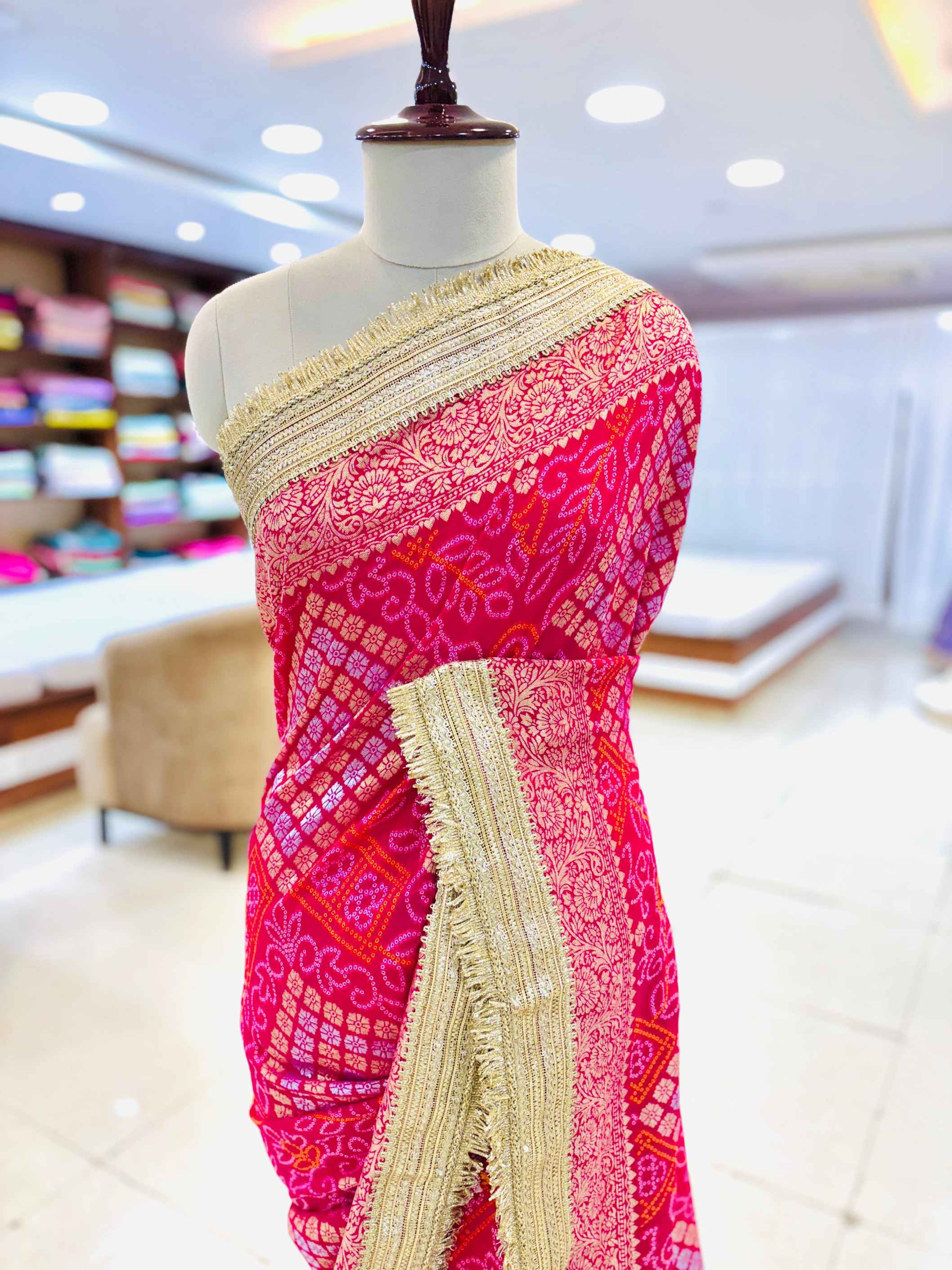 Bright Pink Bandhani Printed Geogette Designer Saree
