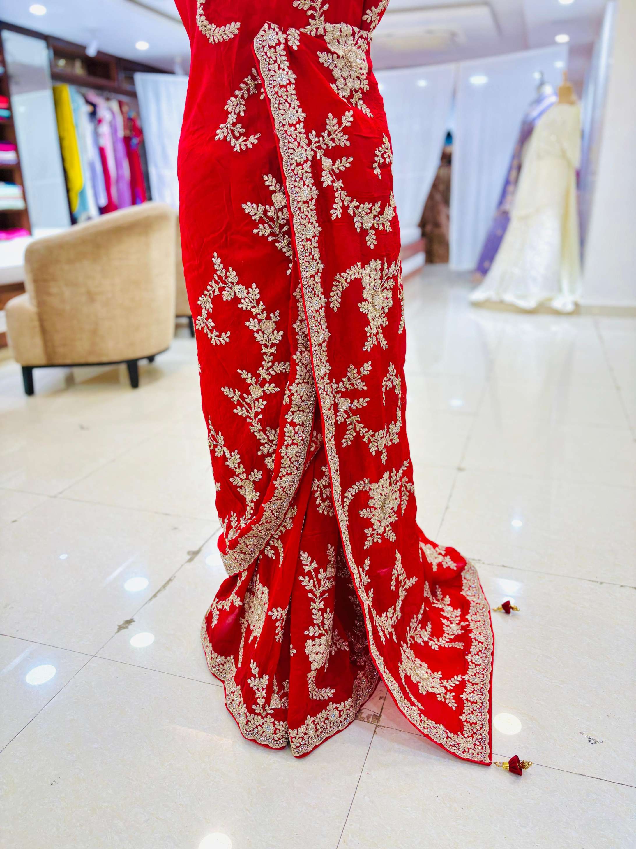 Cherry Red Silk Embroidered Saree