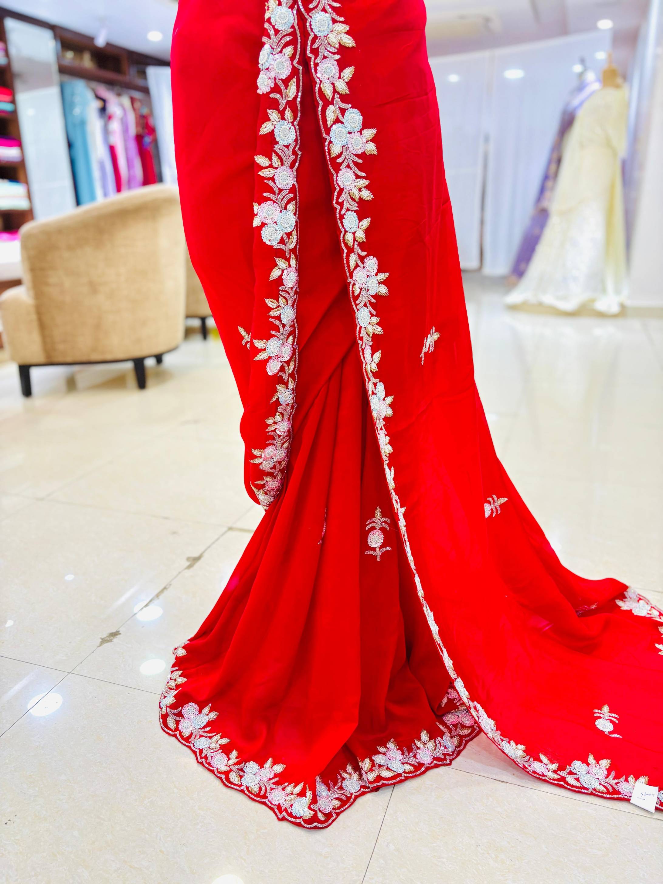 Apple Red Pure Silk Designer Saree