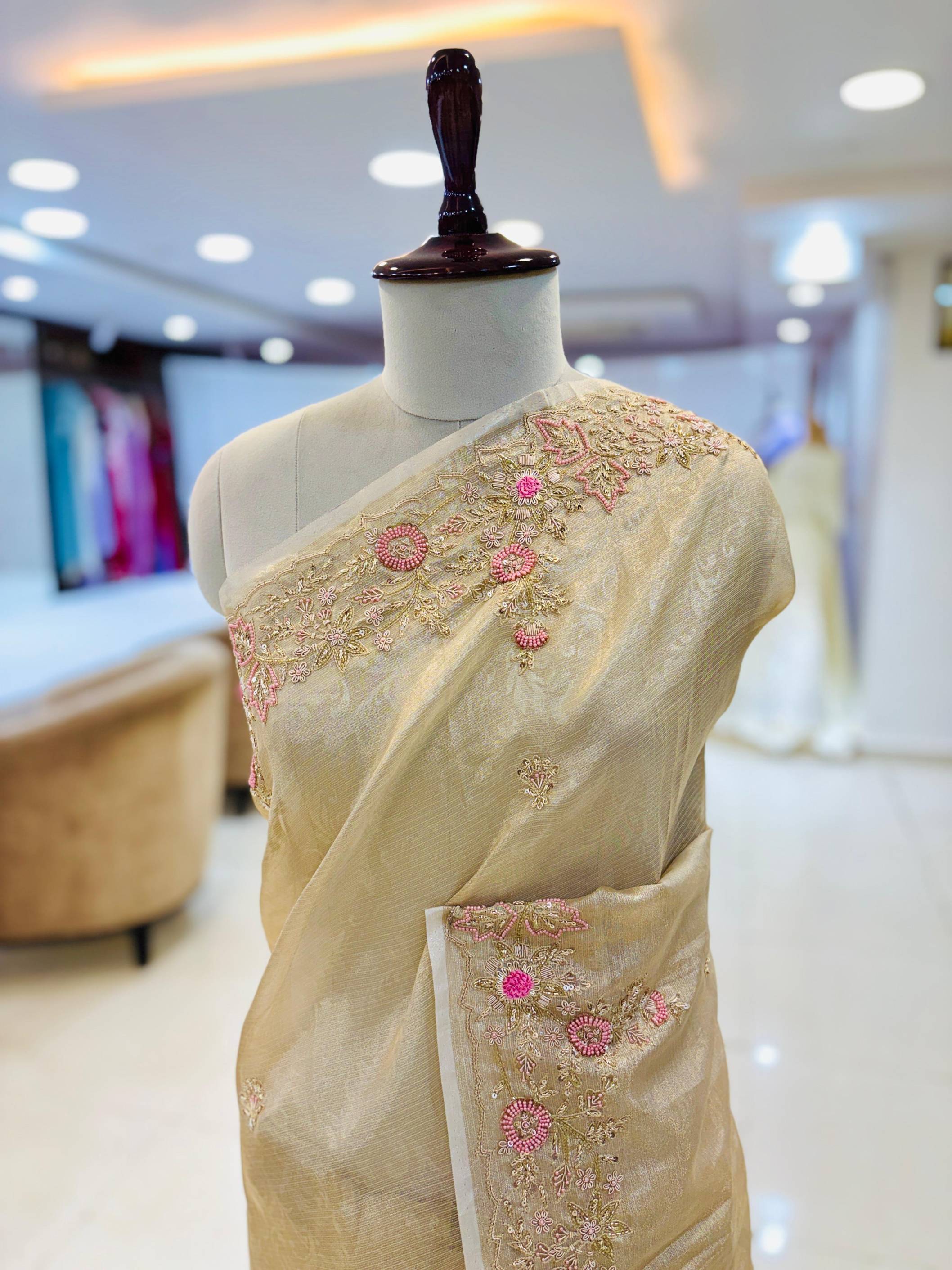 Cream Tissue Woven Designer Saree