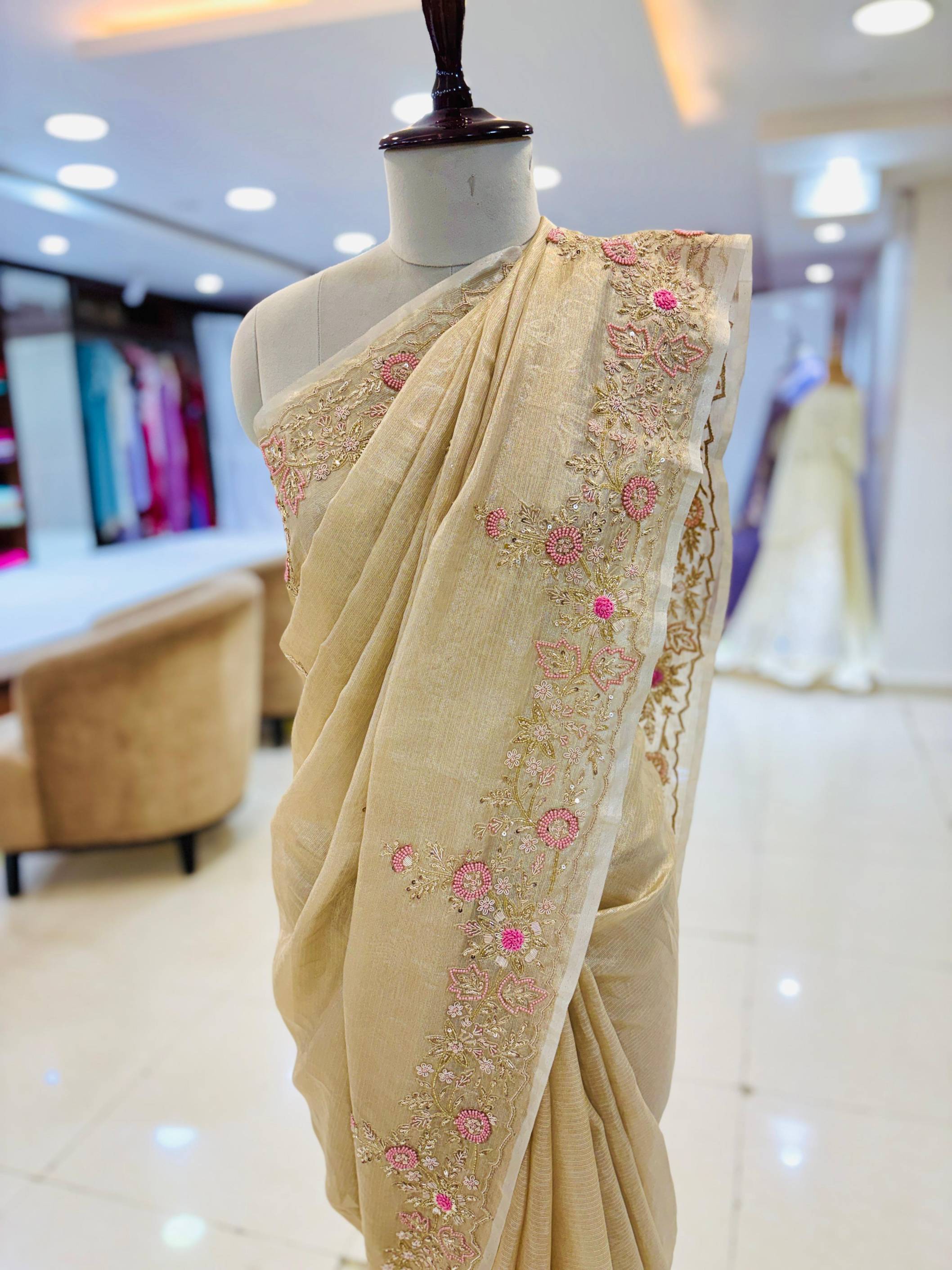 Cream Tissue Woven Designer Saree