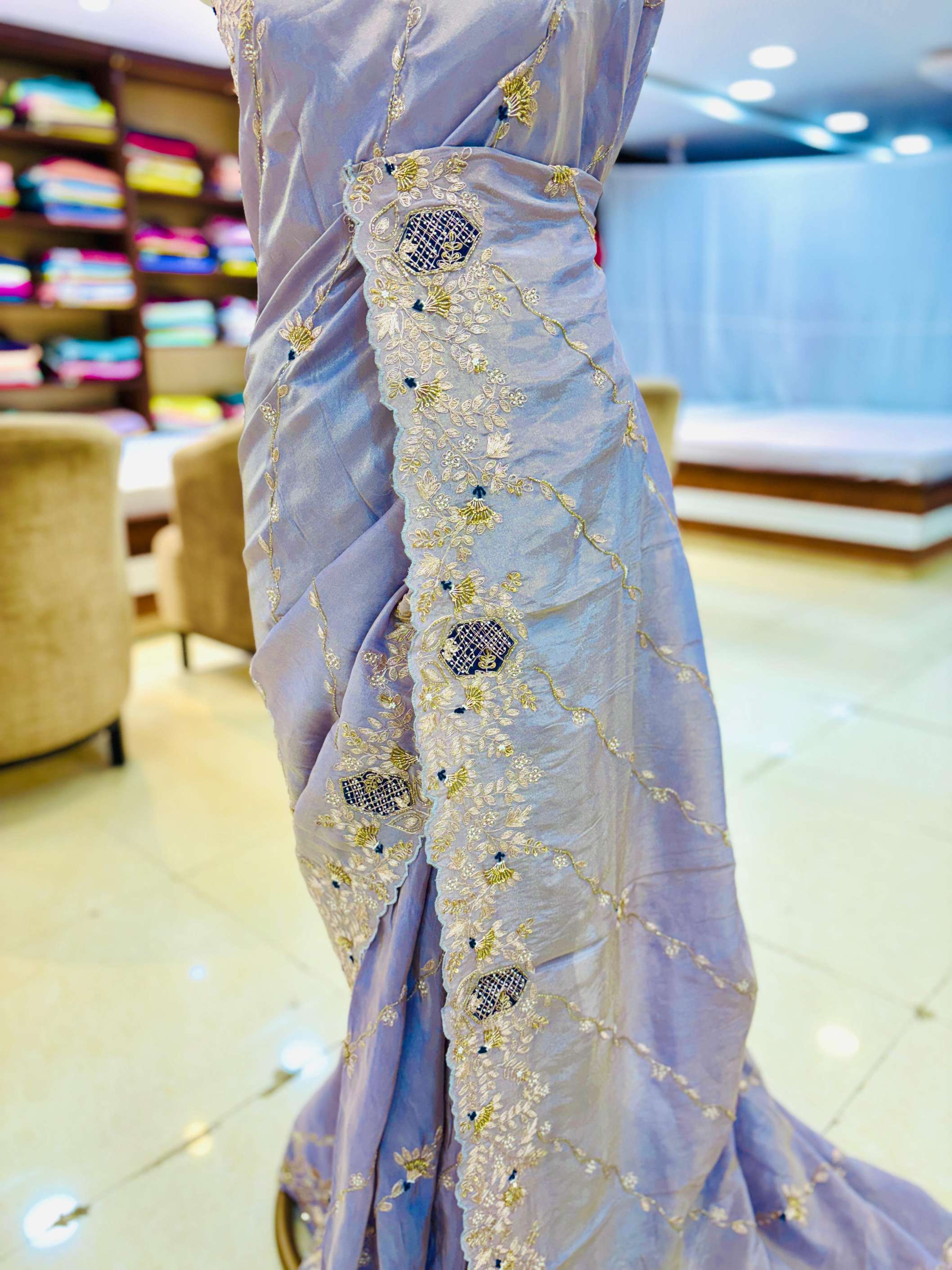 Lilac Tissue Silk Pittan Work Saree