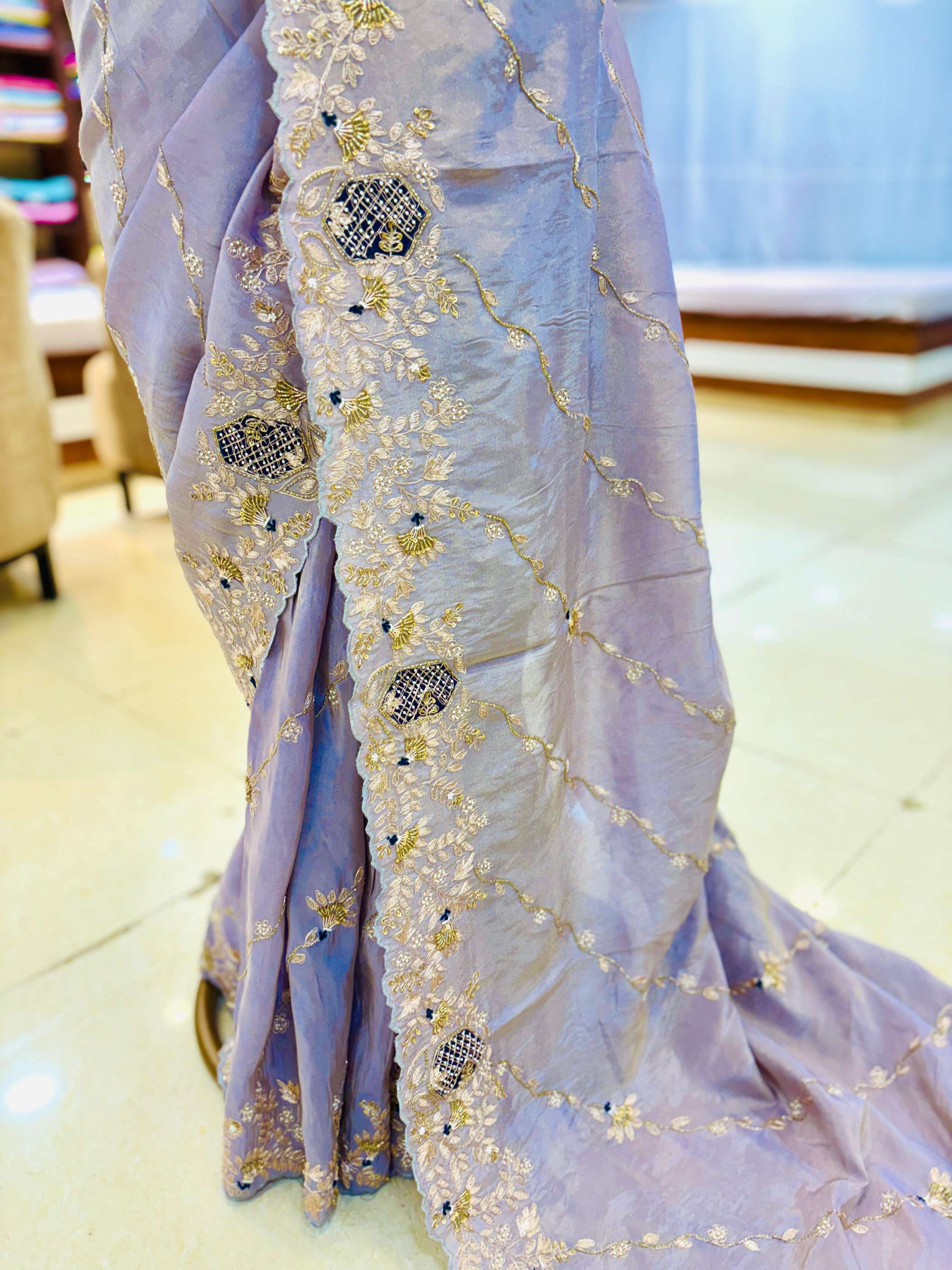 Lilac Tissue Silk Pittan Work Saree