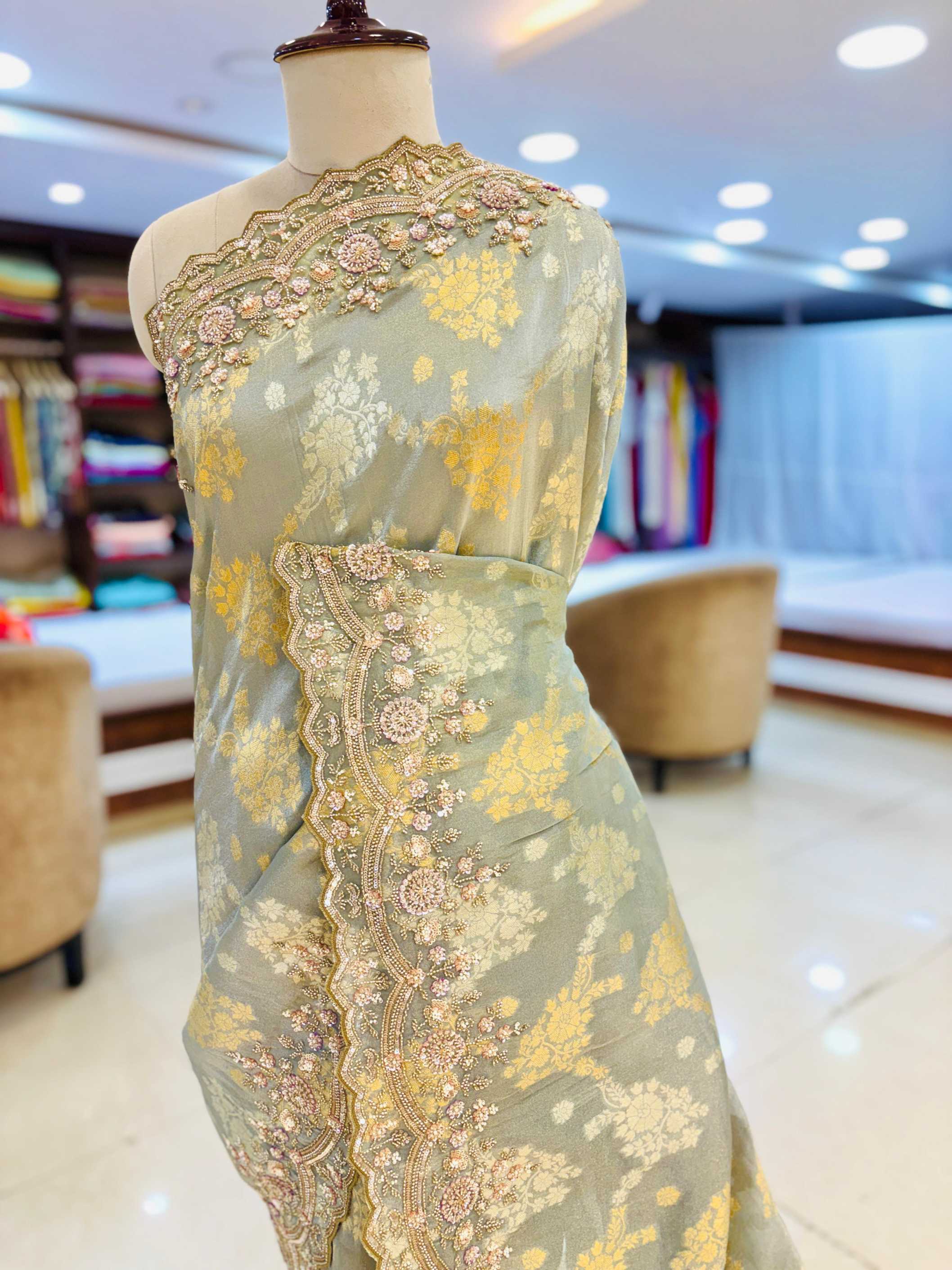 Light Grey Digital Print Hand Embroidered Saree