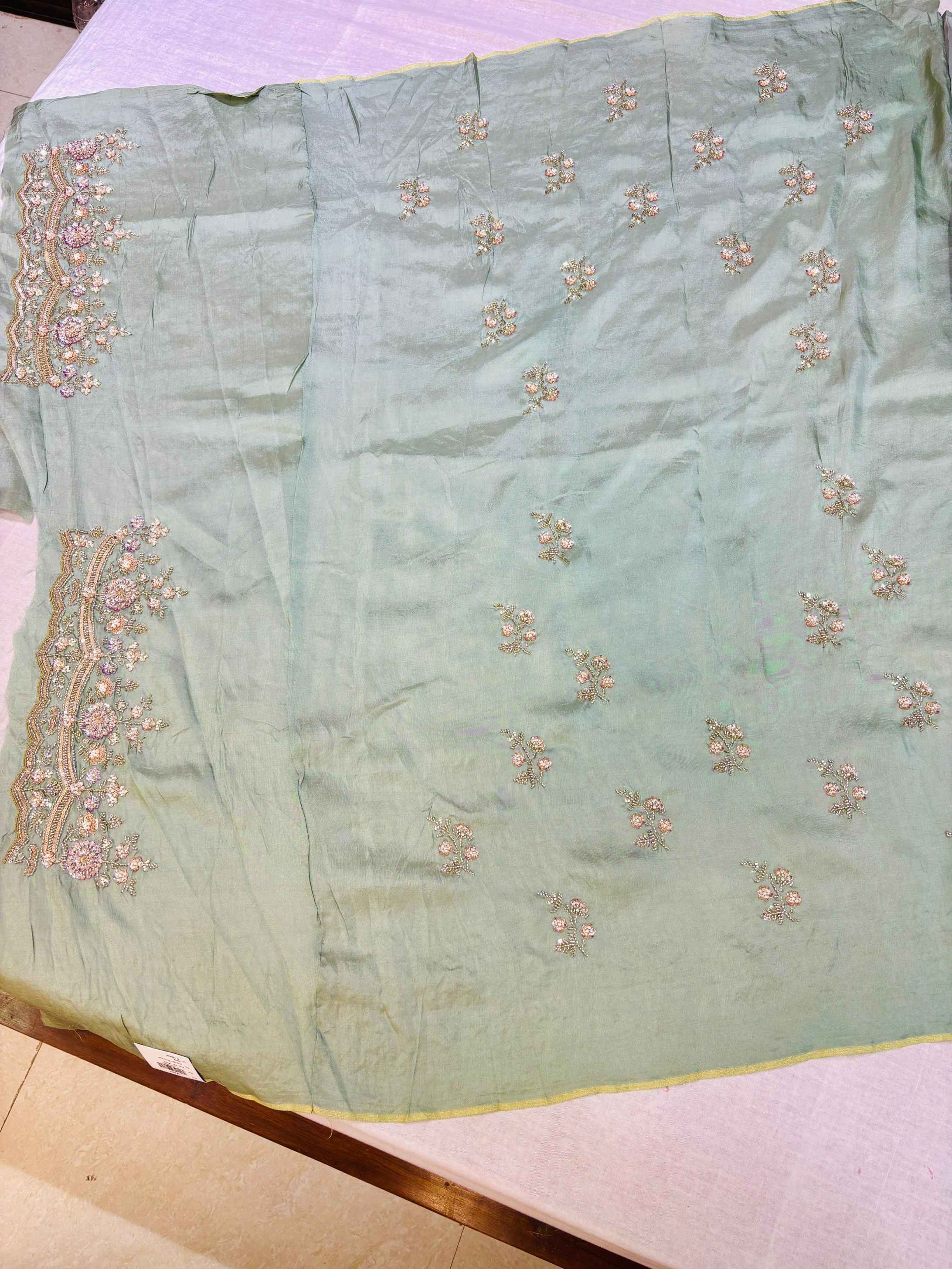 Light Grey Digital Print Hand Embroidered Saree