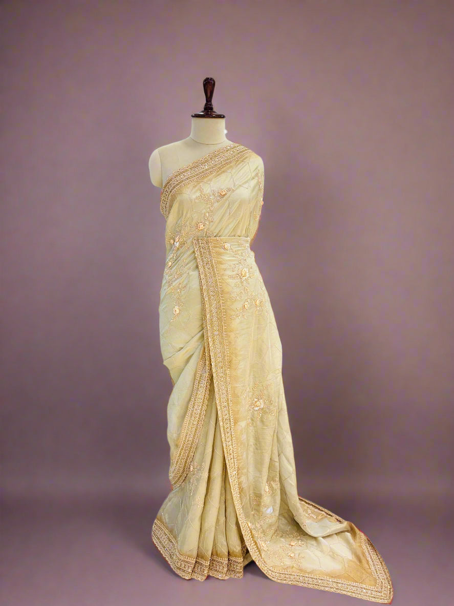 Cream Tissue Silk Hand Embroidered Saree