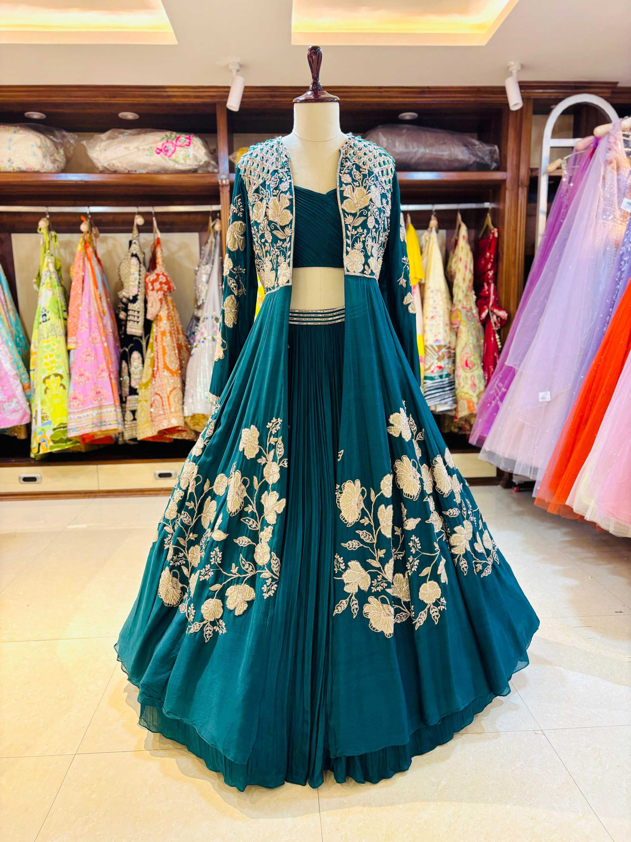 Teal Green SIlk Embroidered Lehenga With Shrug