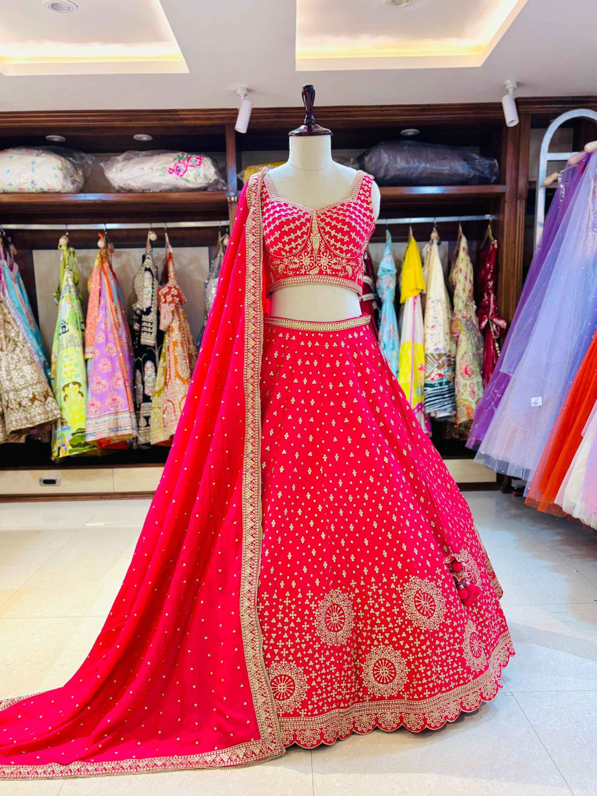 Red Embroidered Silk Designer Lehenga