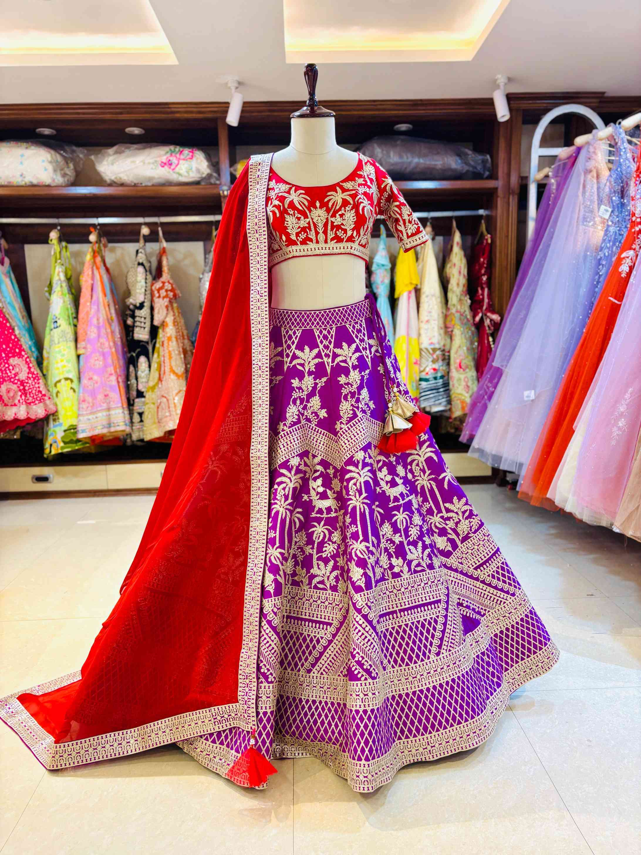 Purple Leather Work Lehenga With Red Blouse & Dupatta