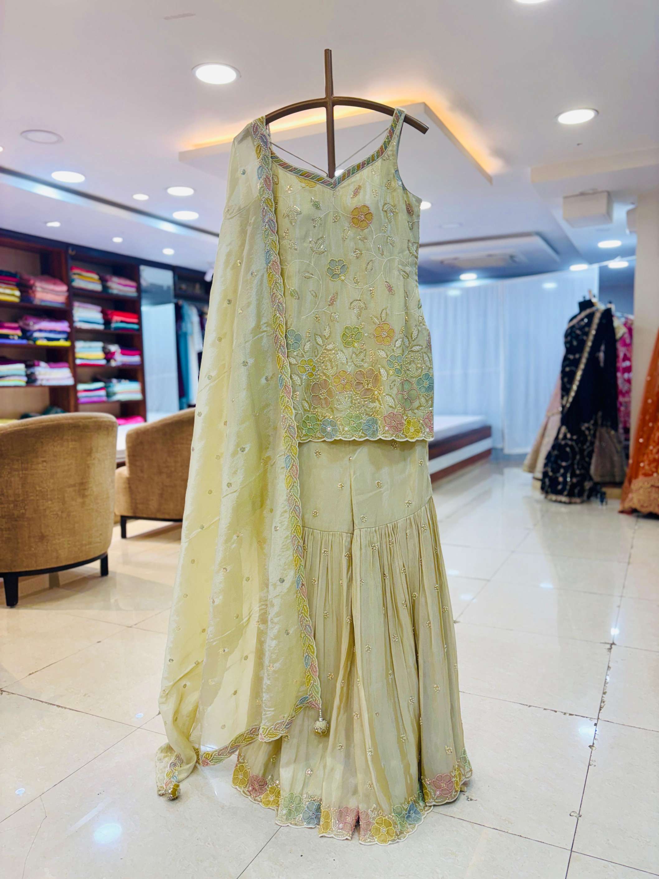 Cream Chinnon Silk Embroidered Sharara Set