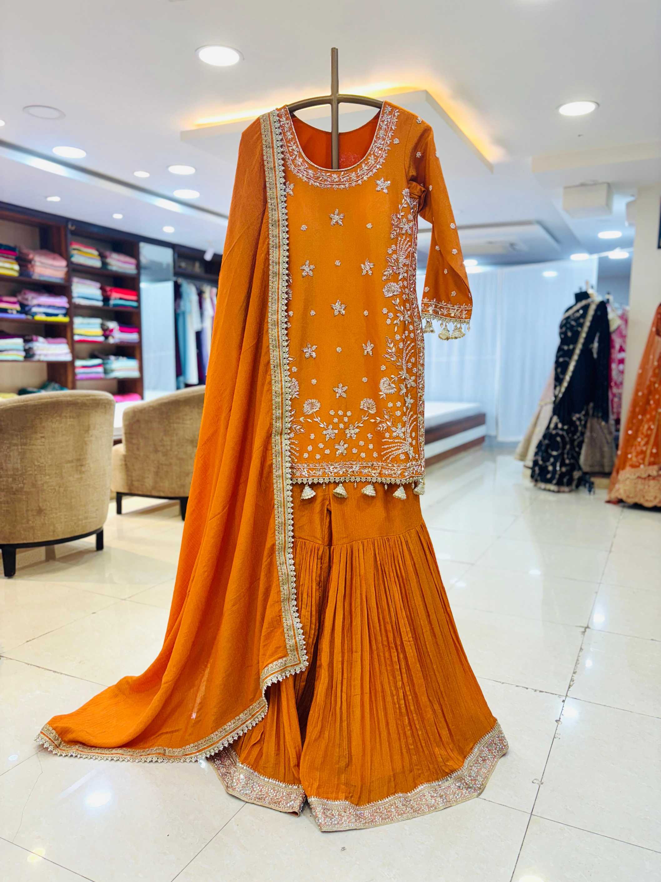 Orange Silk Hand Embroidered Sharara Set
