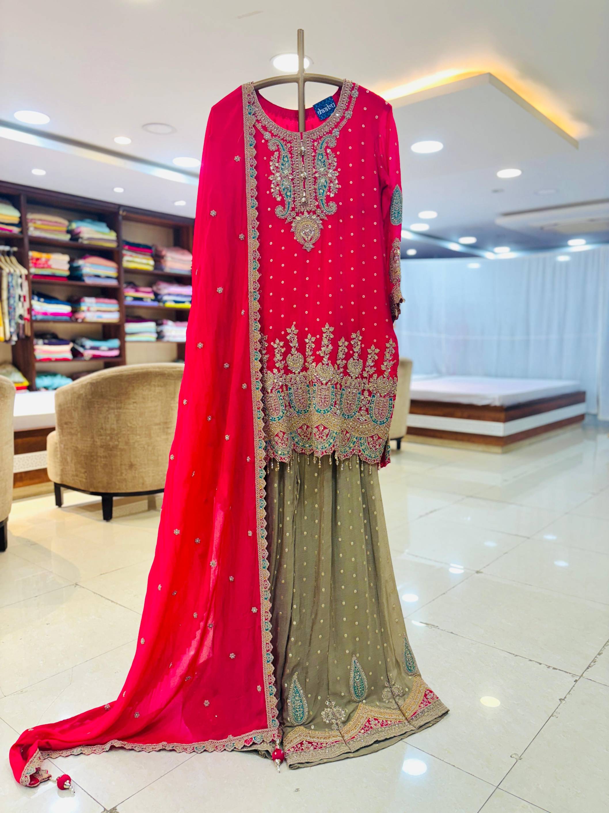 Dark Pink Chinnon Embroidered Sharara Set
