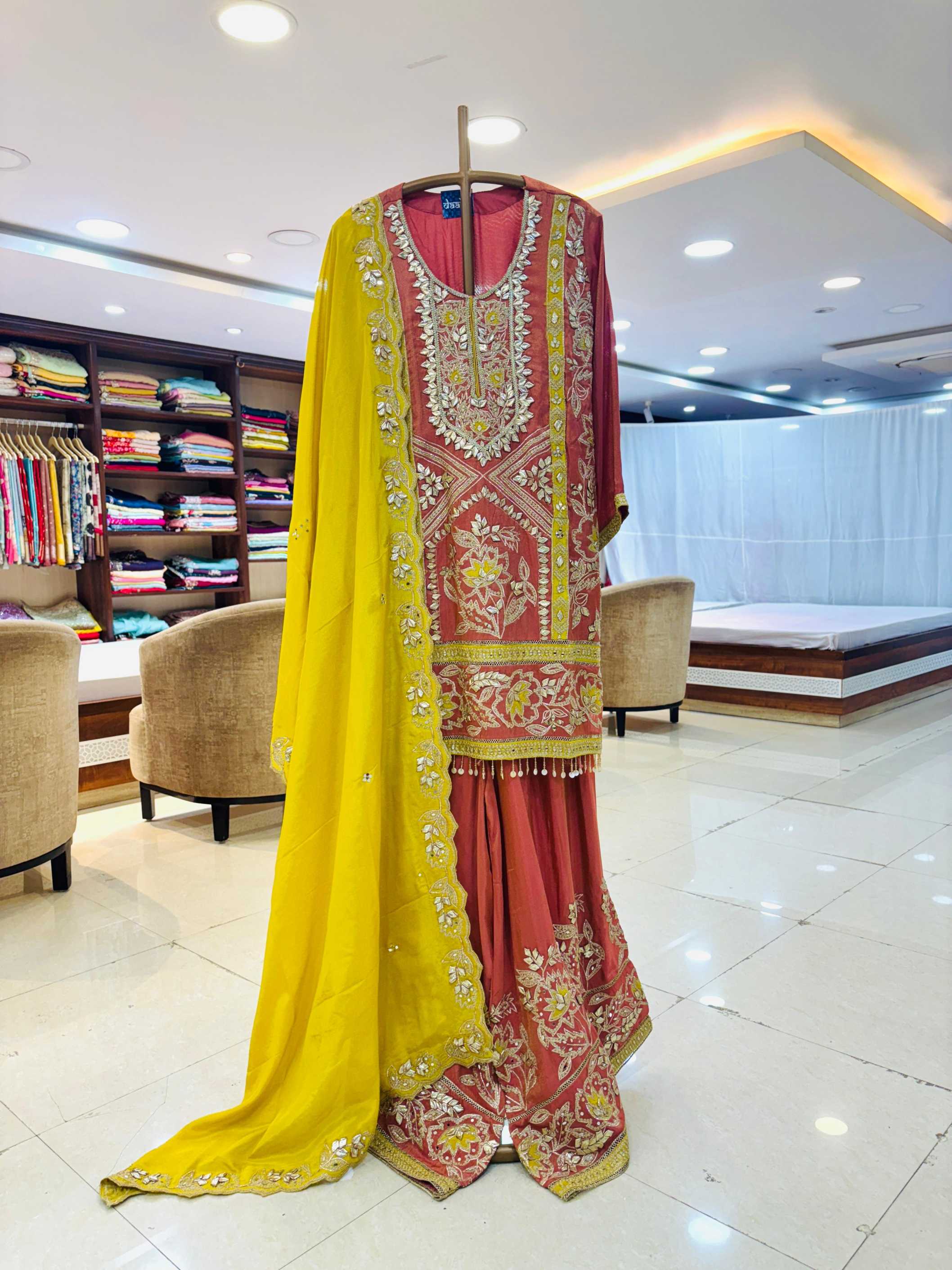 Rust Pink Chinnon Silk Embroidered Sharara Set