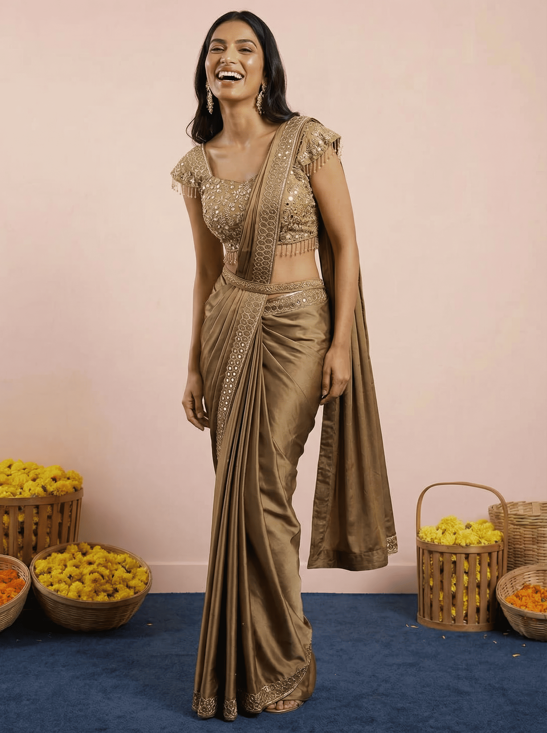 Dark Gold Embroidered Drape Saree