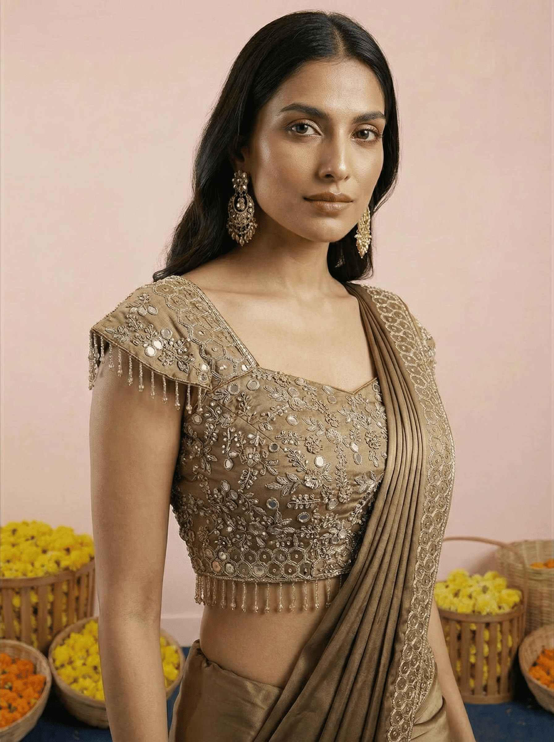 Dark Gold Embroidered Drape Saree