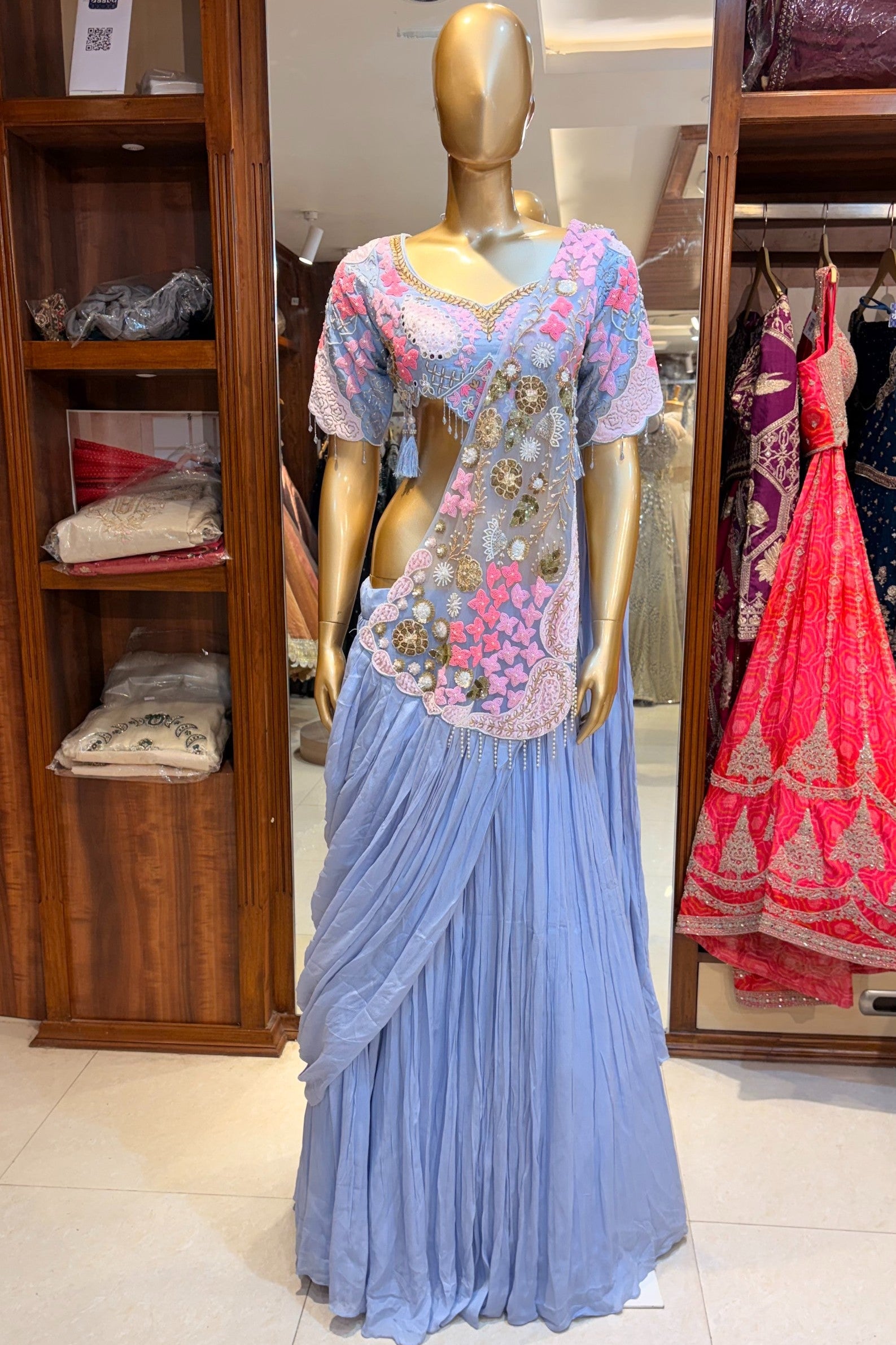 Sky Blue Georgette Drape Crop Top Lehenga