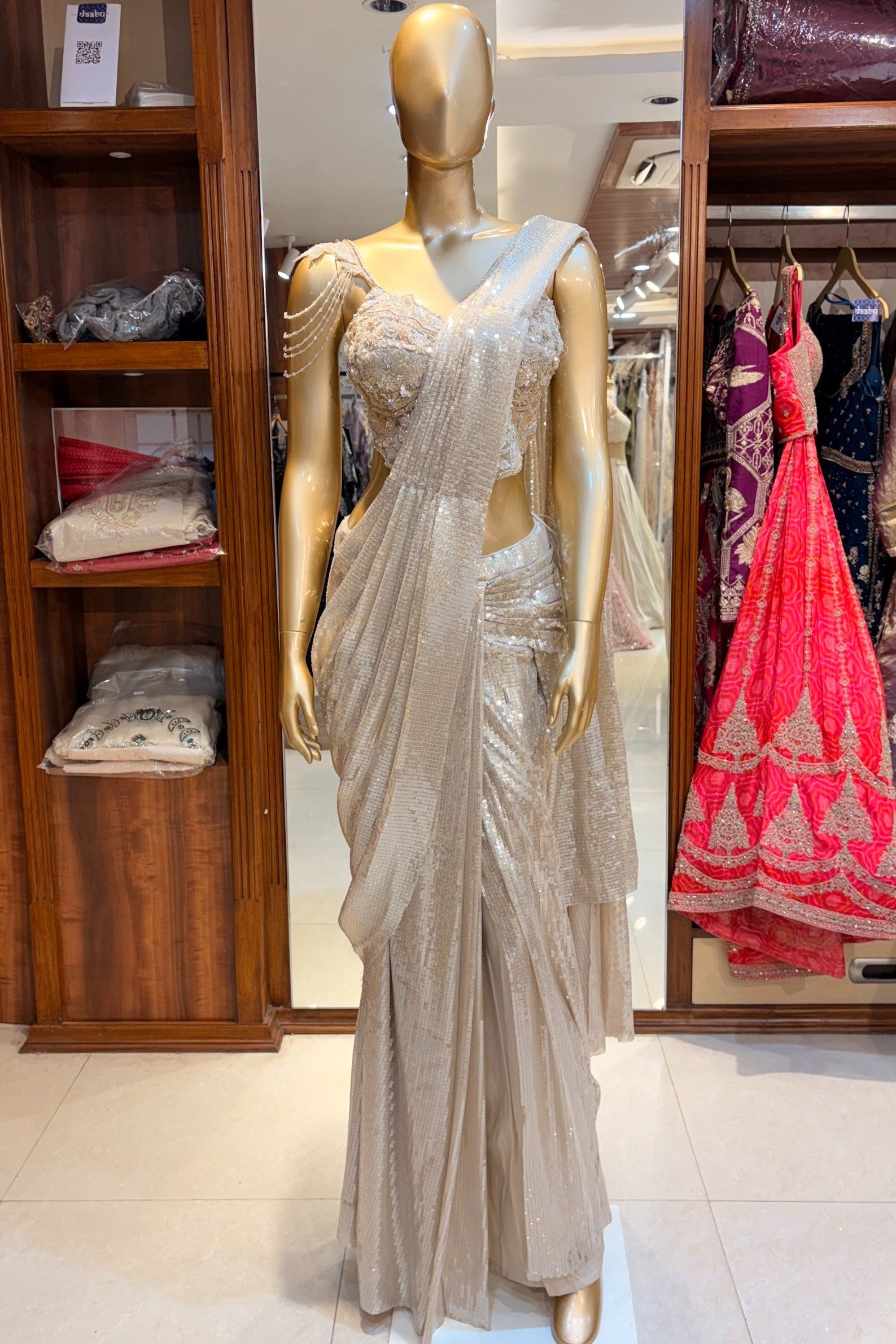 Gold Sequinned Cocktail Drape Saree