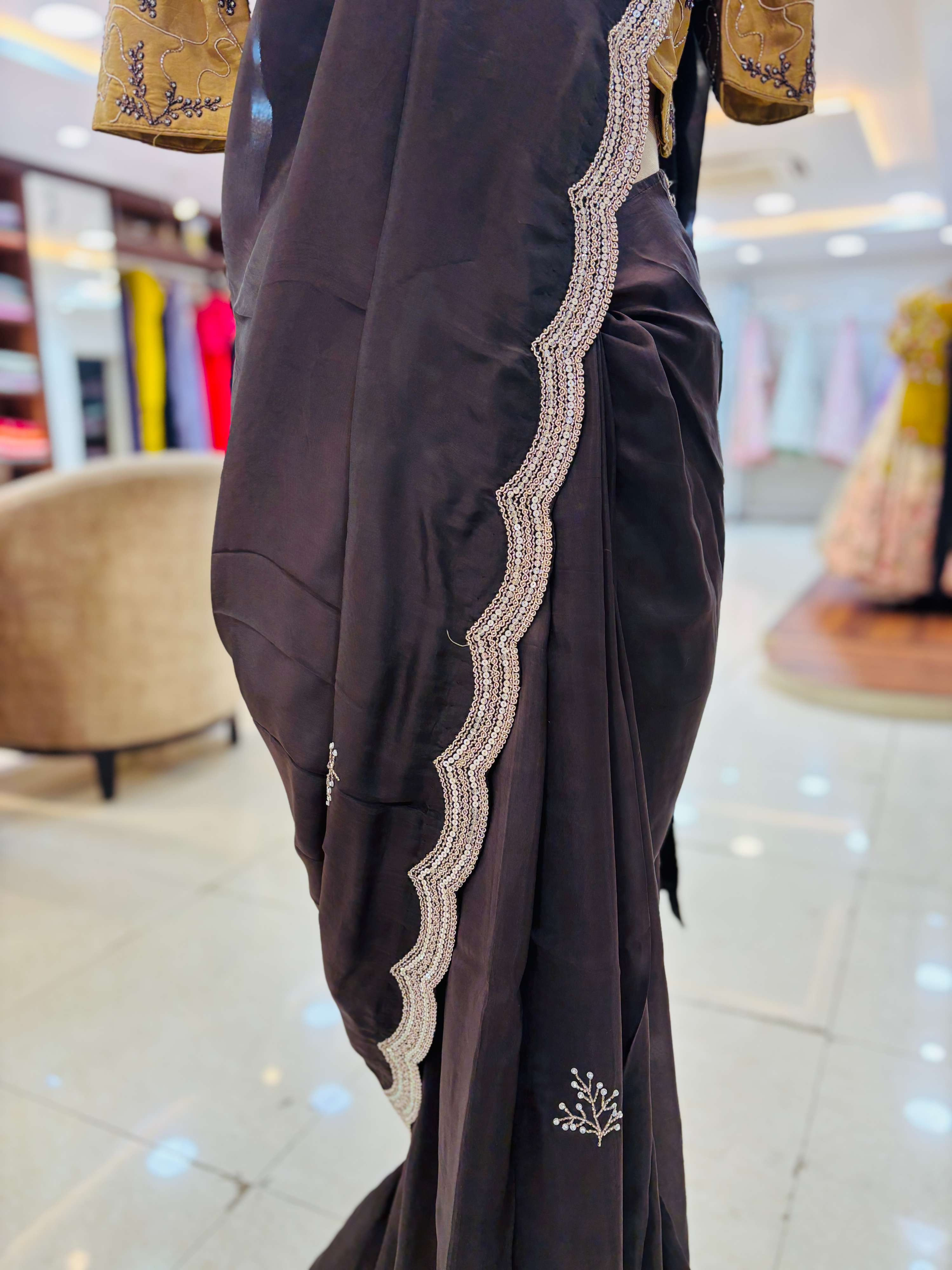 Black Silk Saree WIth Light Brown Readymade Blouse