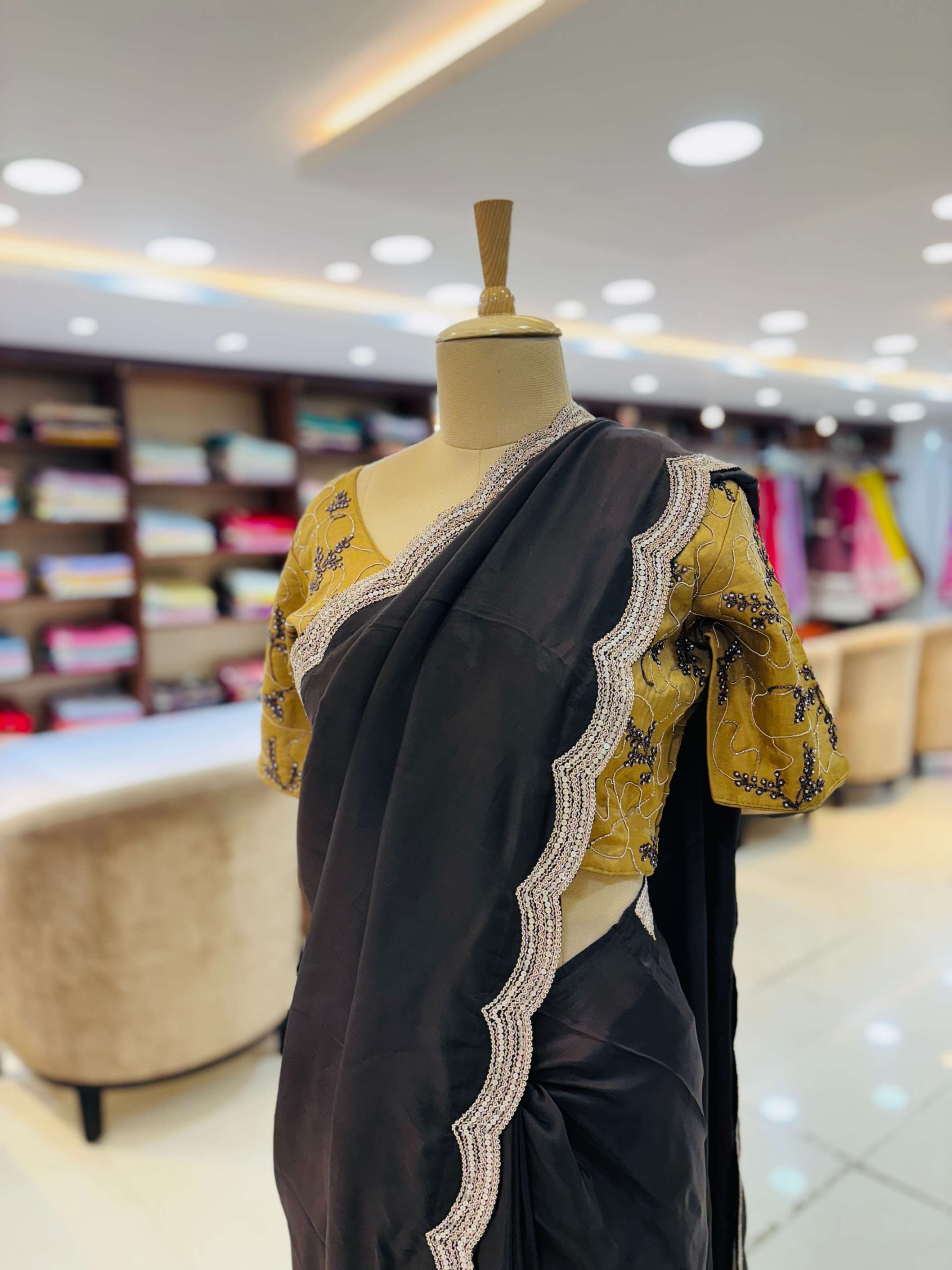 Black Silk Saree WIth Light Brown Readymade Blouse