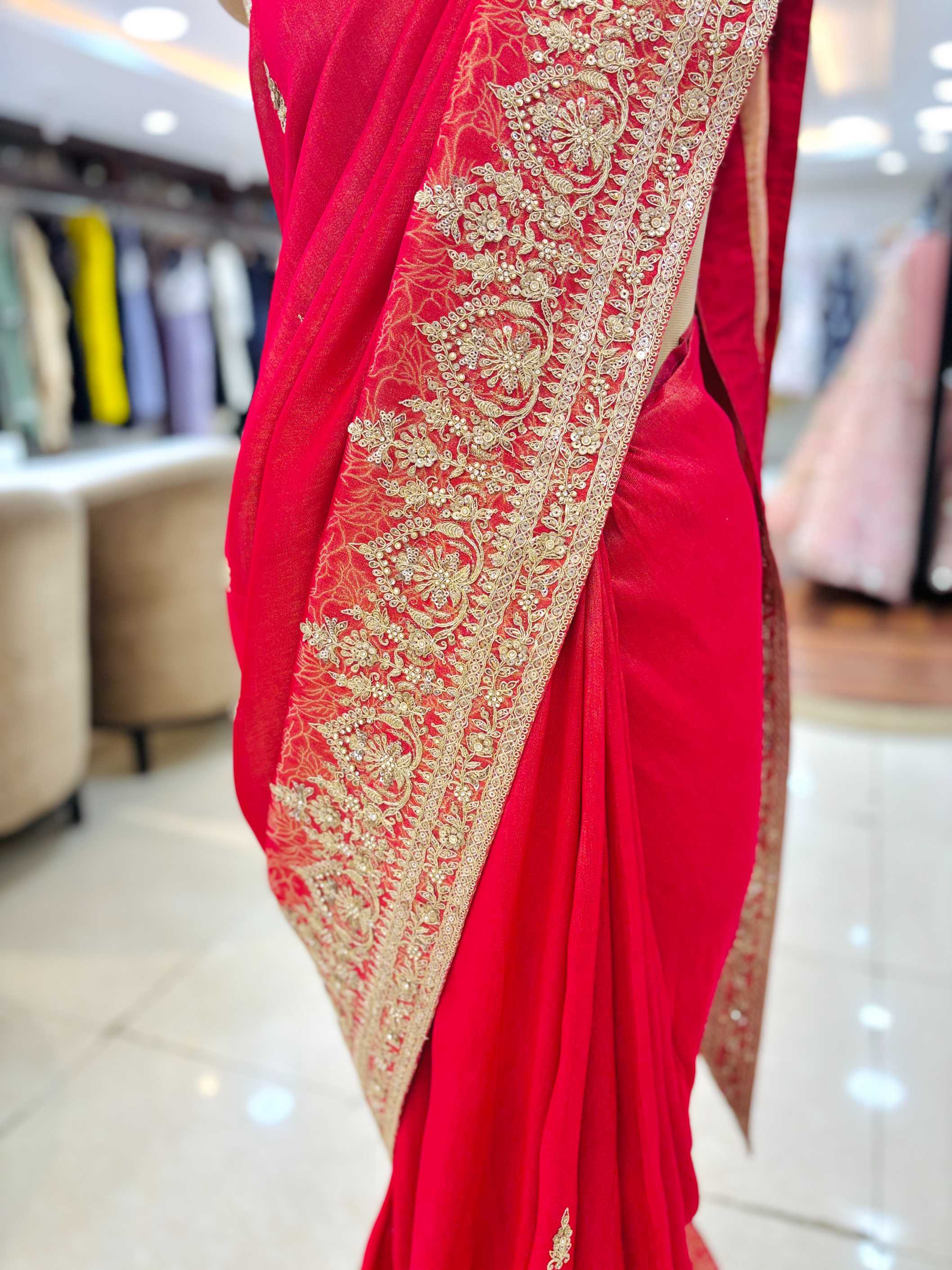 Dark Red Tissue Silk Hand Embroidered Saree