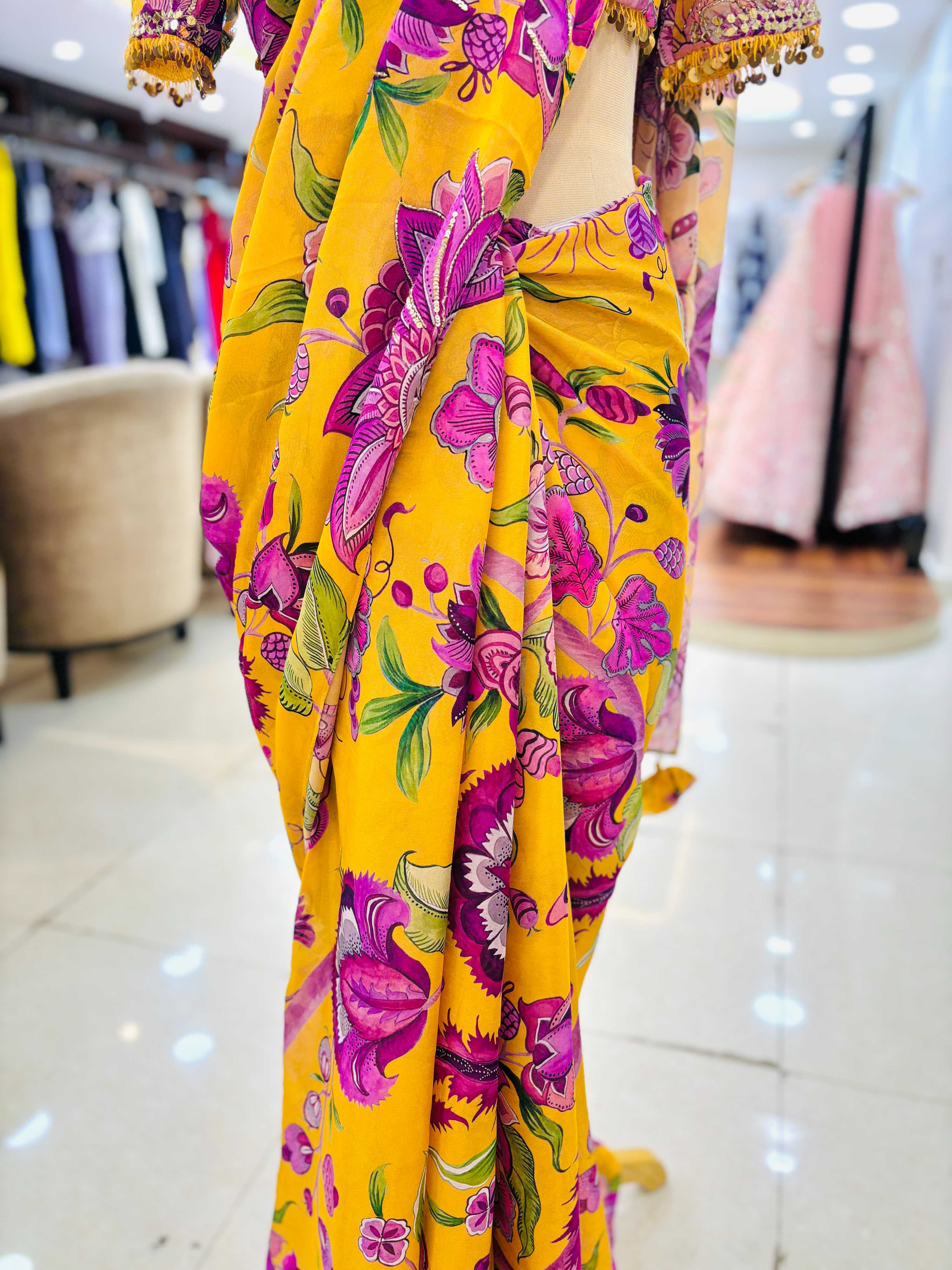 Yellow Chiffon Hand Embroidered Printed Saree with Readymade Blouse