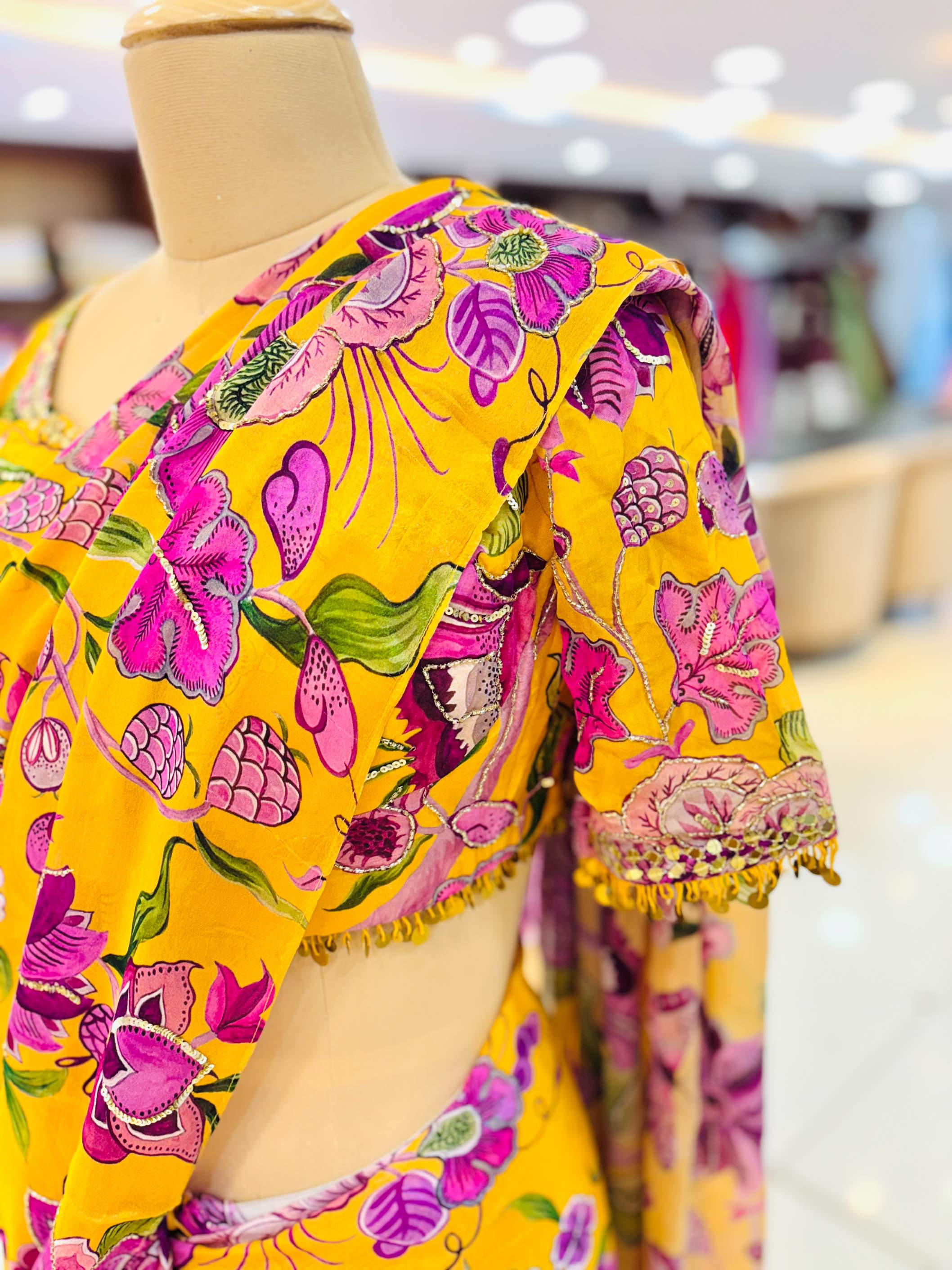 Yellow Chiffon Hand Embroidered Printed Saree with Readymade Blouse