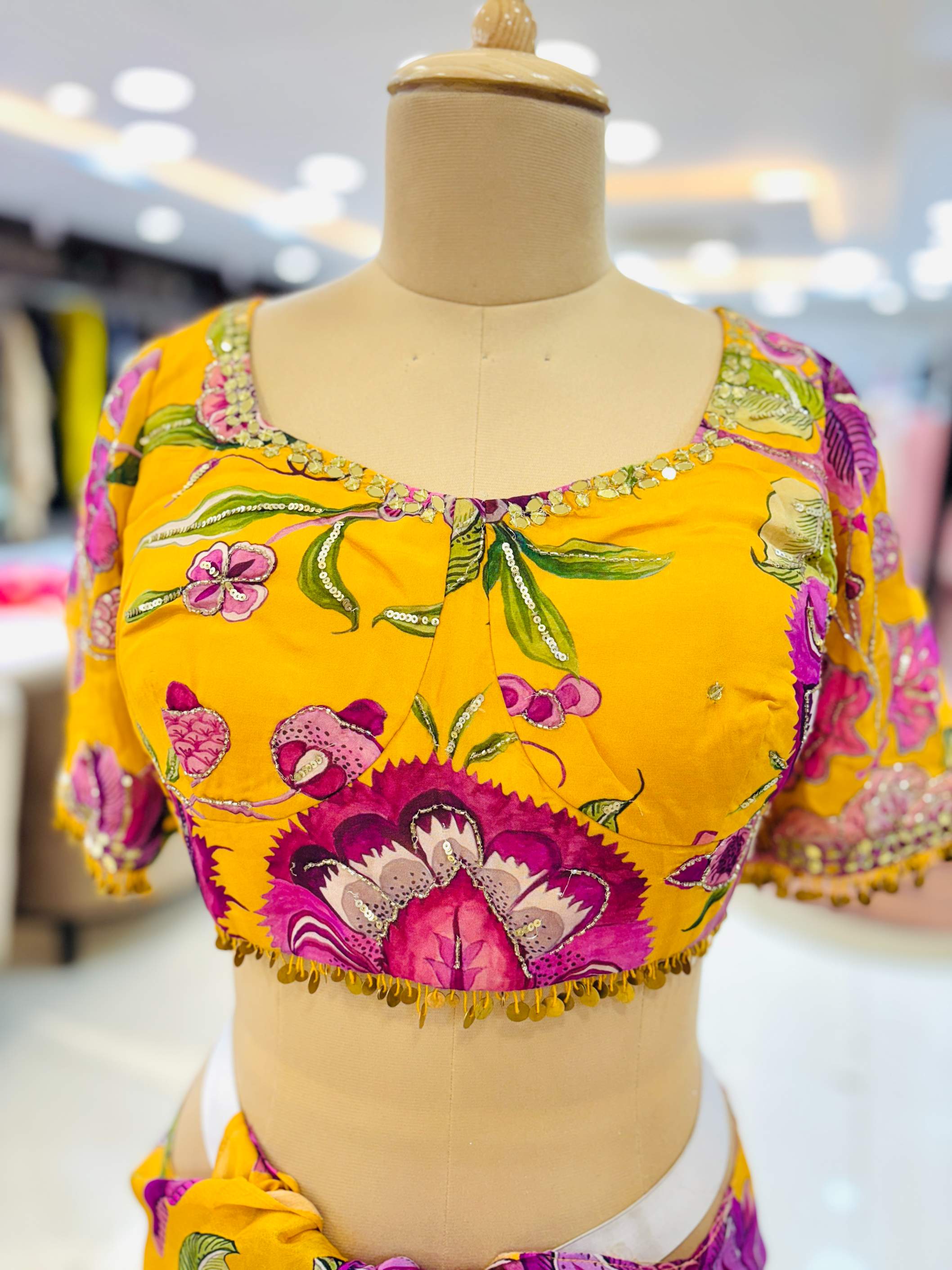 Yellow Chiffon Hand Embroidered Printed Saree with Readymade Blouse