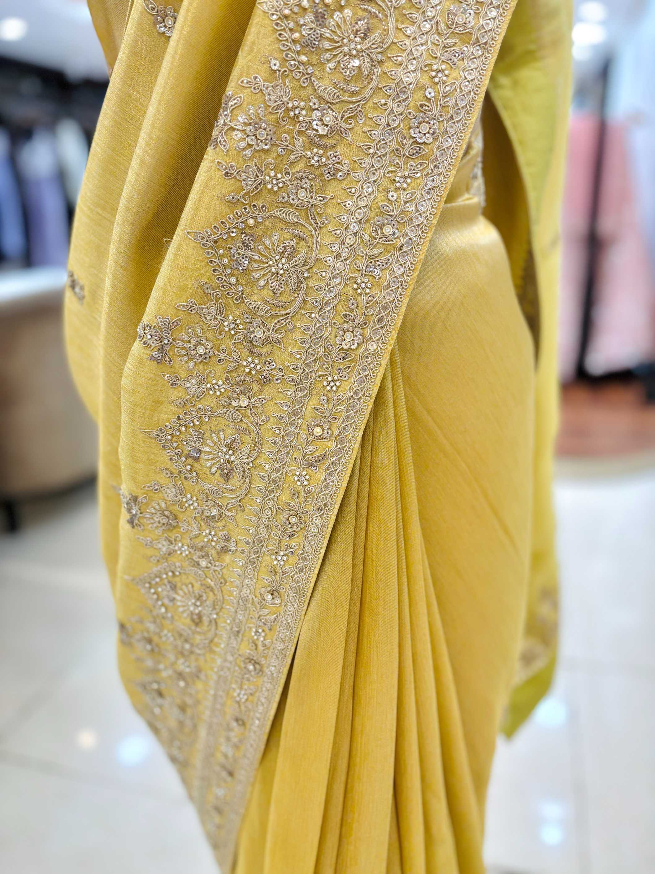 Light Yellow Tissue Silk Hand Embroidered Saree