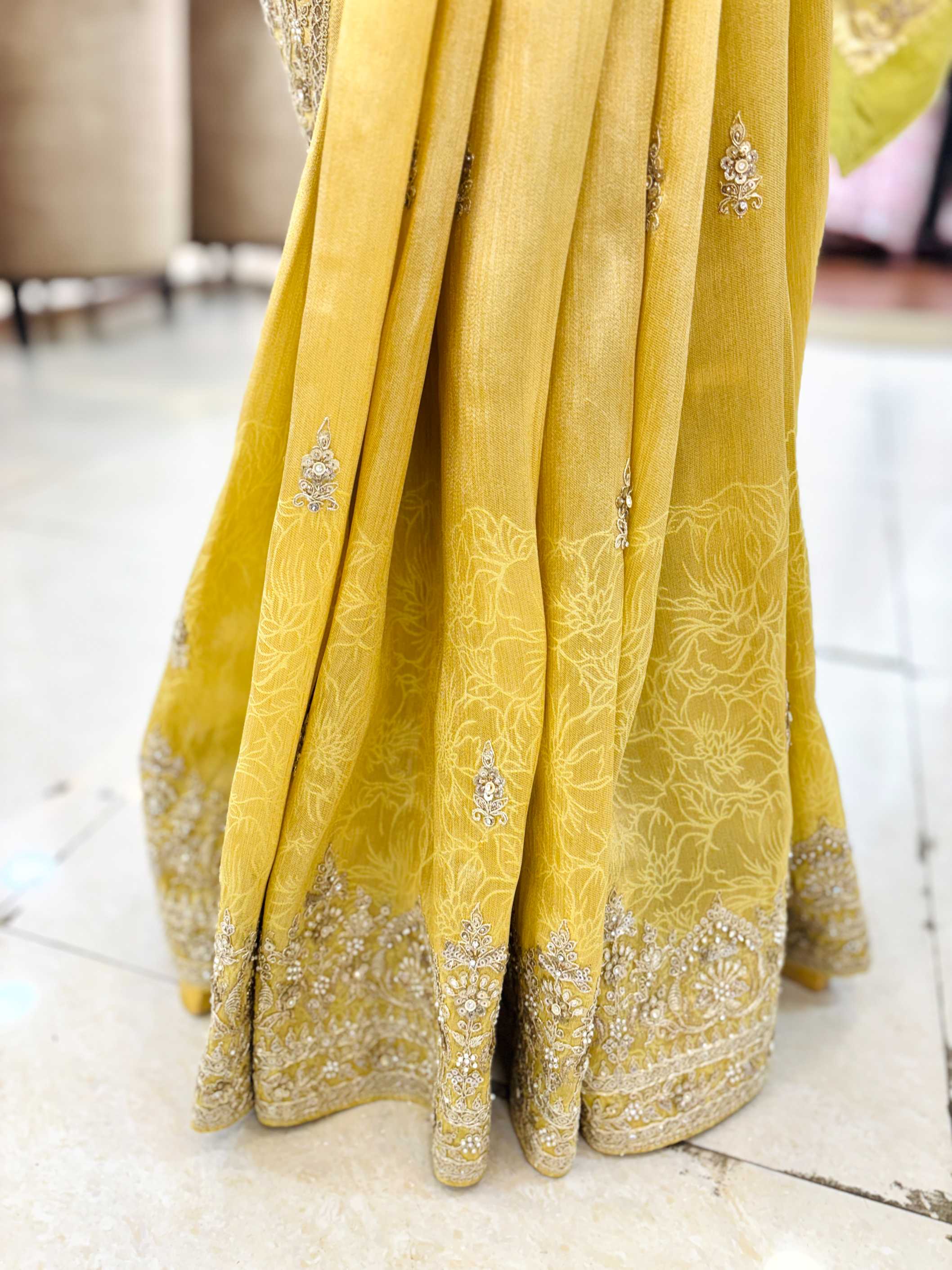 Light Yellow Tissue Silk Hand Embroidered Saree