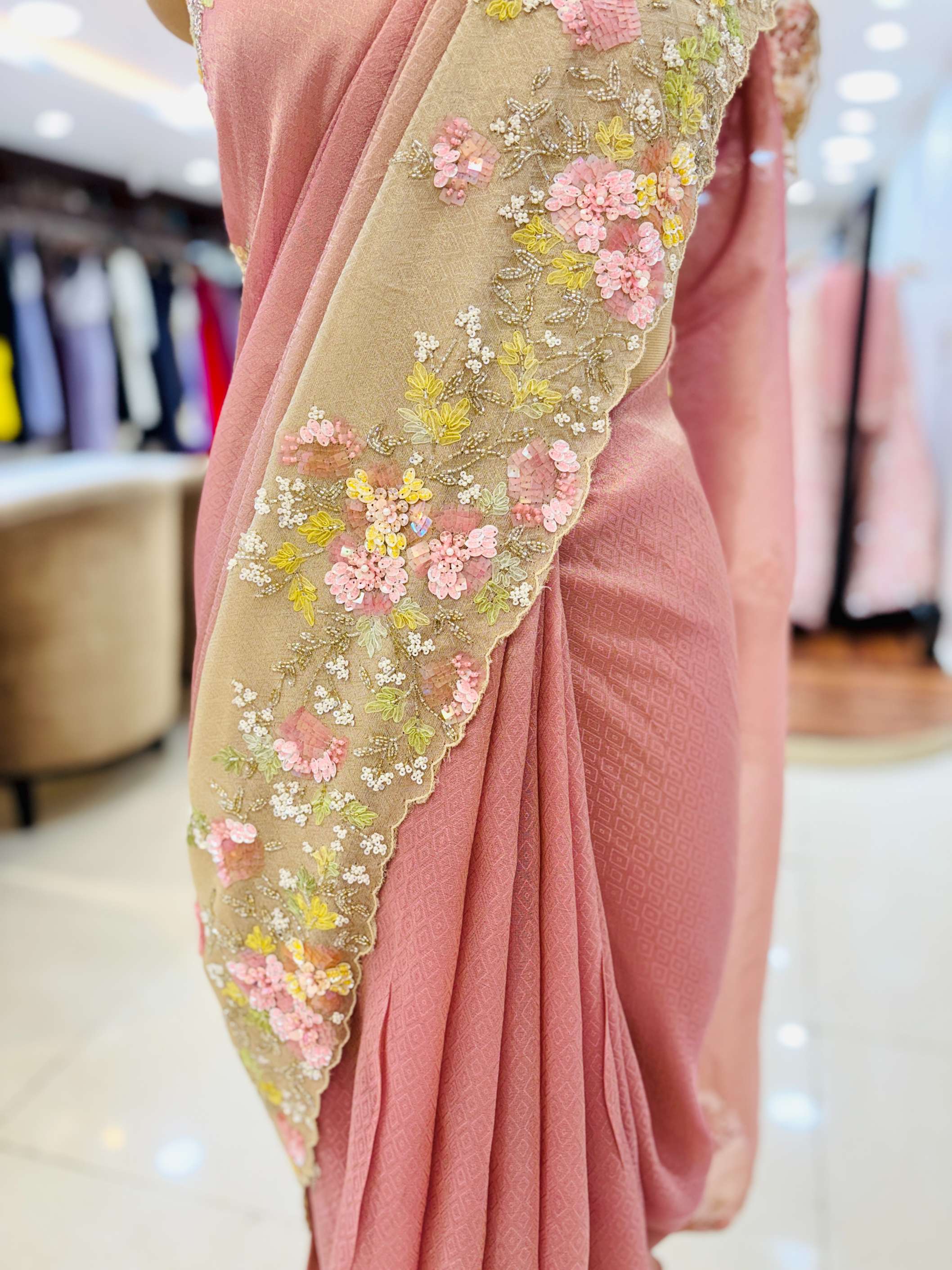 Shaded Pink & Beige Crushed Tissue Saree