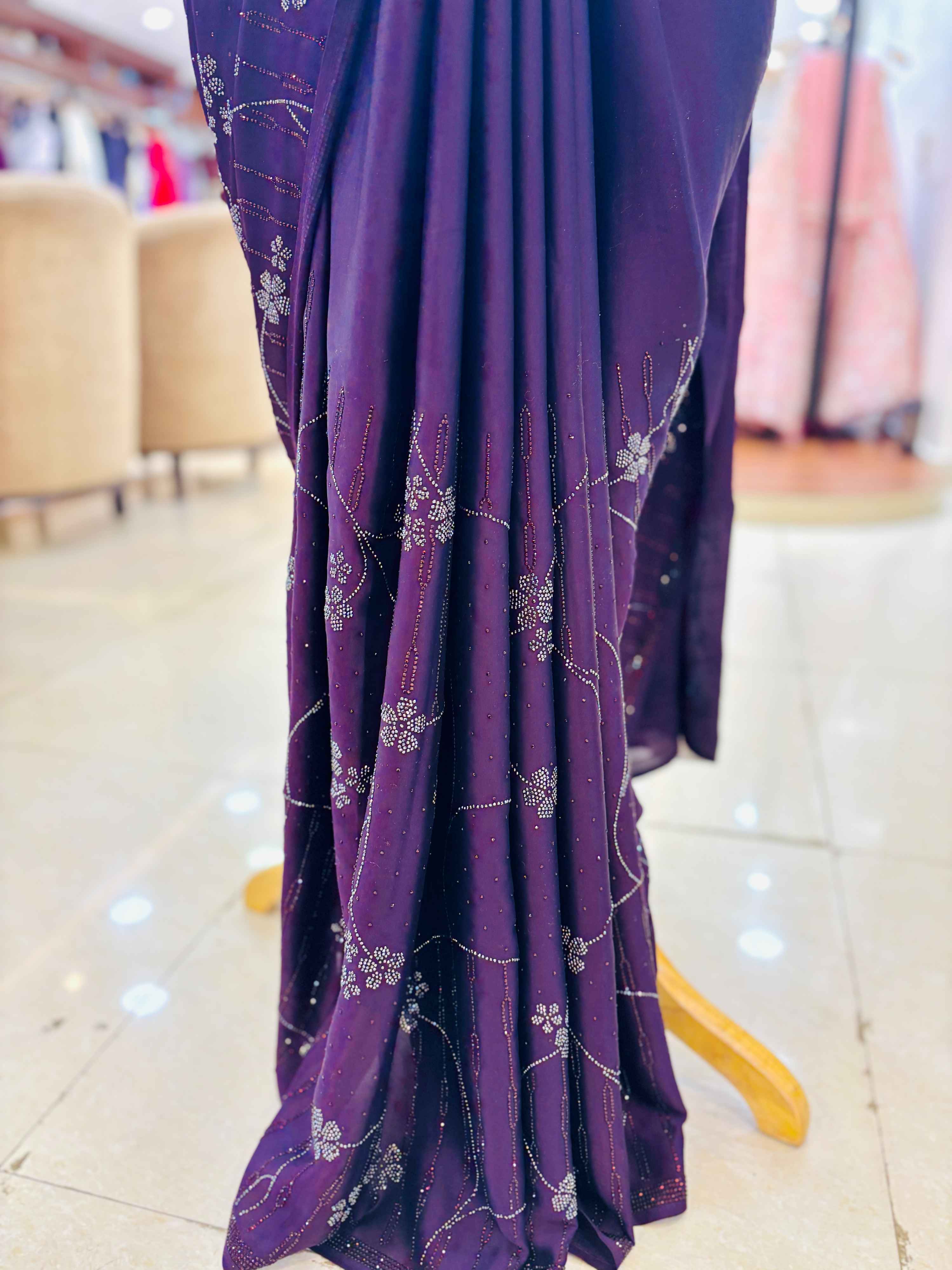 Dark Burgundy Satin Swarovski Saree