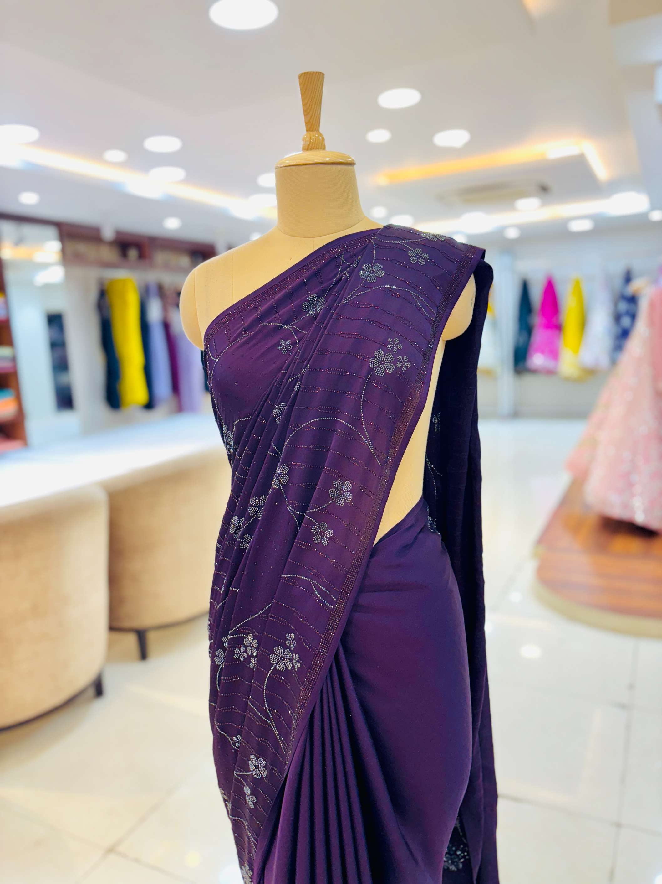 Dark Burgundy Satin Swarovski Saree