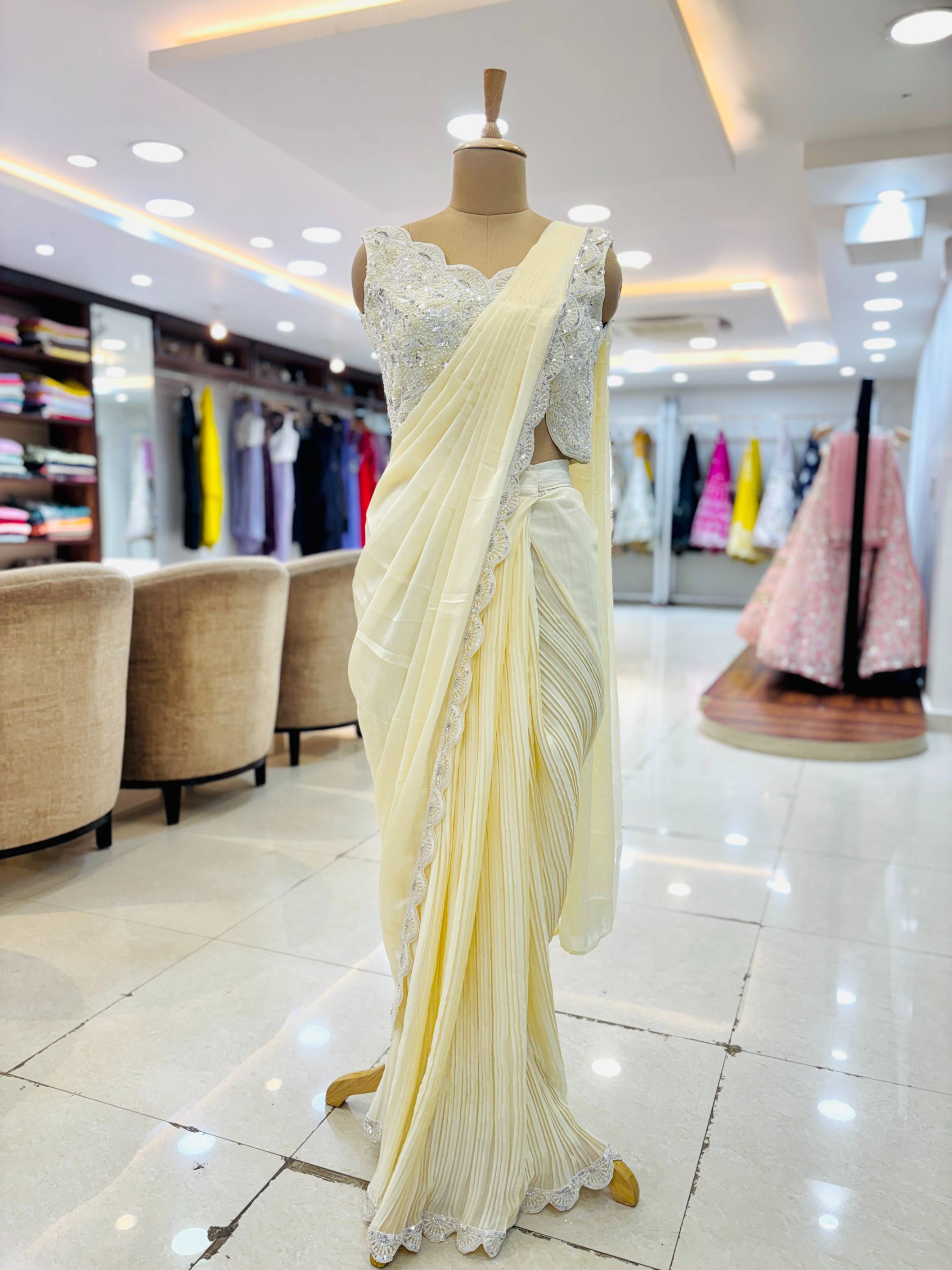 Cream Premium Chinnon Embellished Pre Drape Saree
