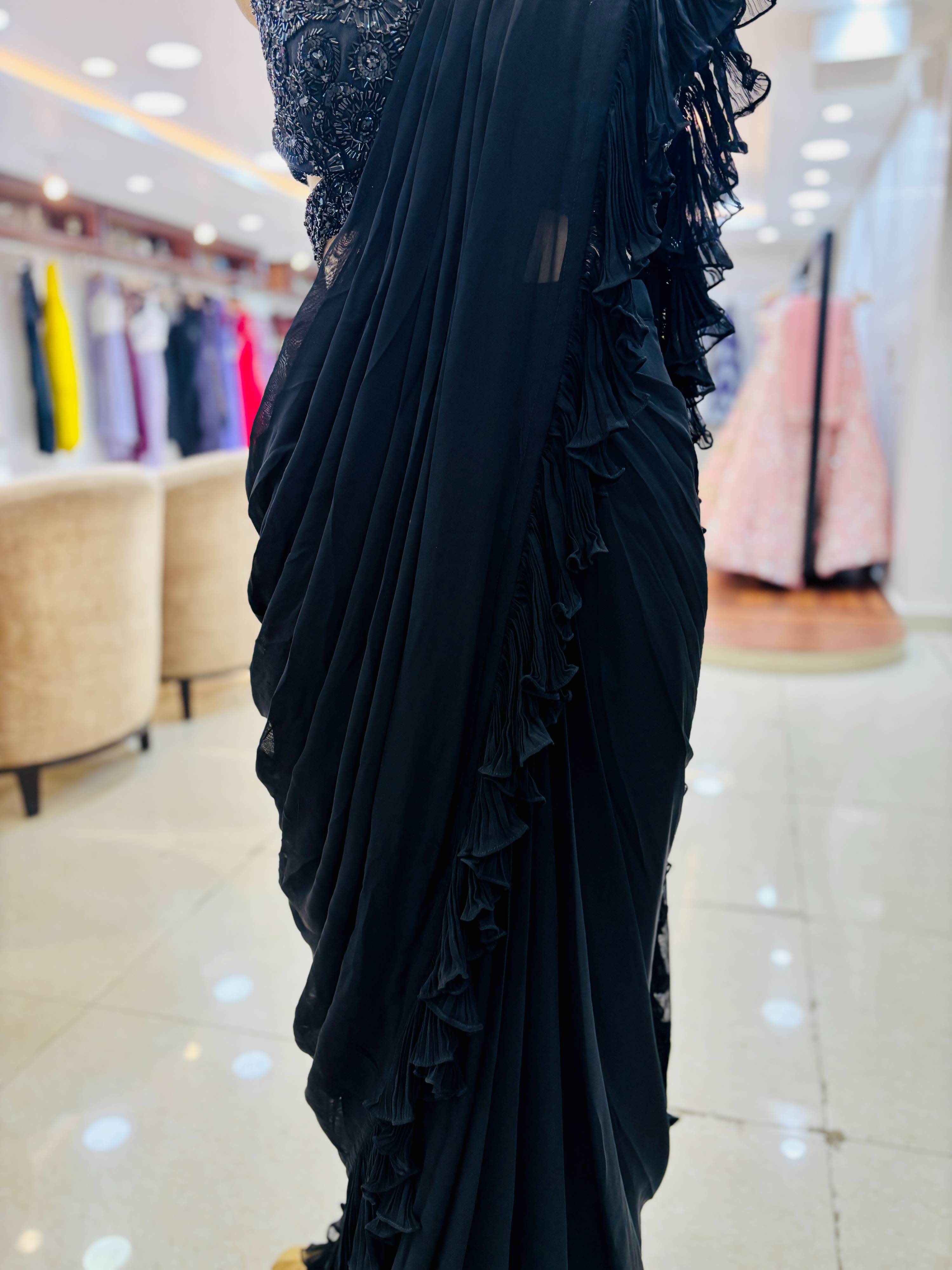 Black Georgette Embellished Pre Drape Saree With Blouse
