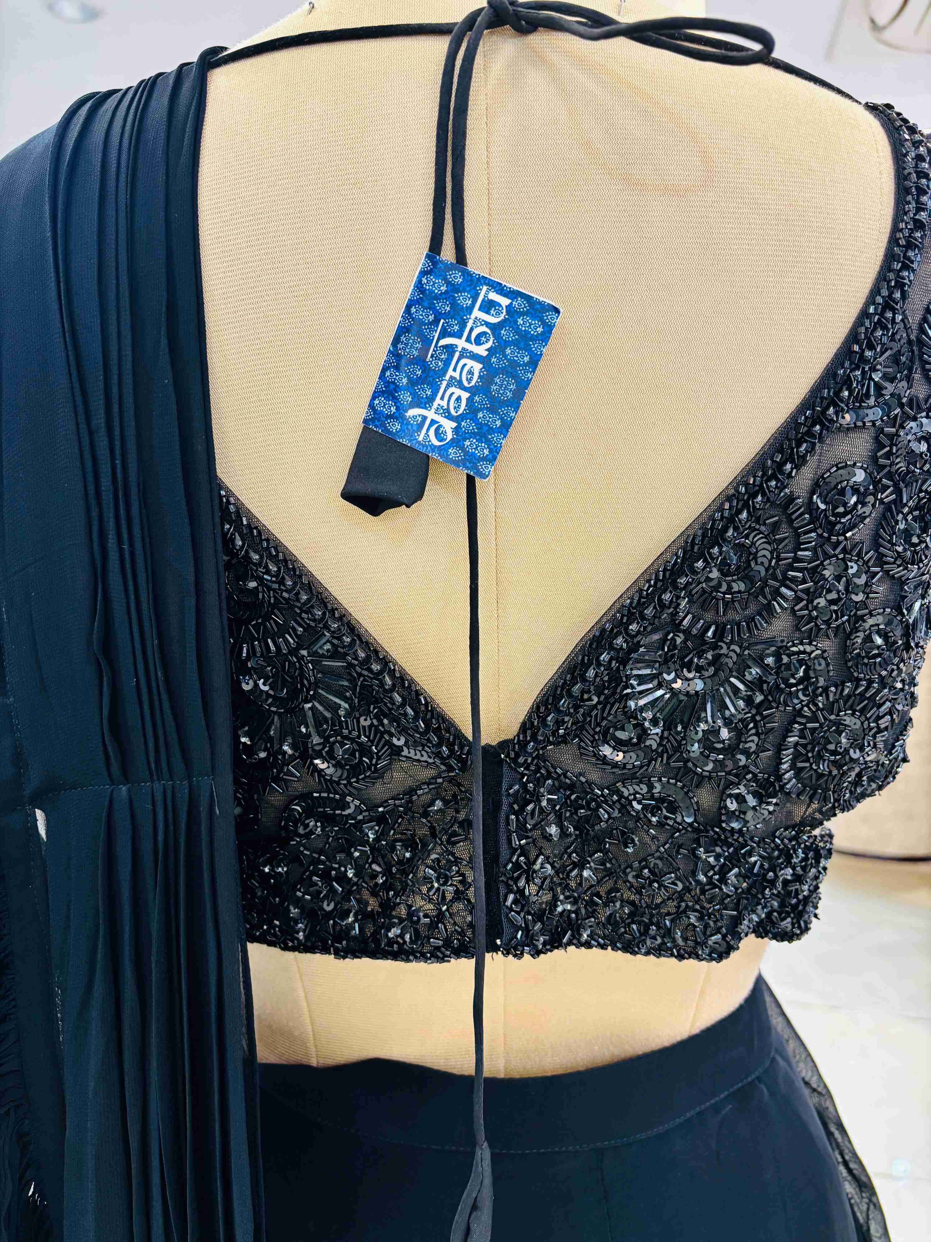 Black Georgette Embellished Pre Drape Saree With Blouse